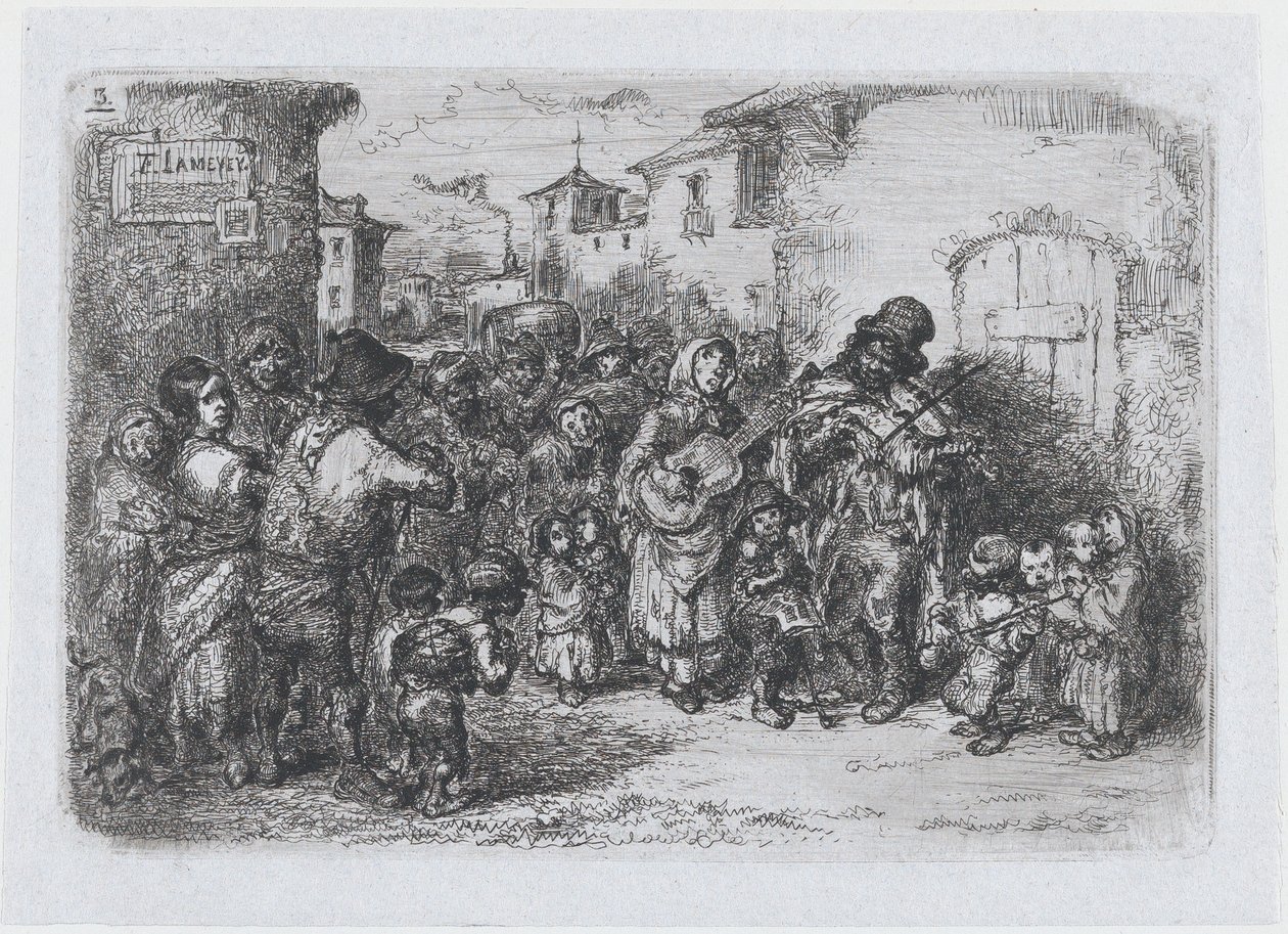 Plade 3: en gruppe gademusikanter, fra rækken af skikke og tidsfordriv fra det spanske ..., 1850. af Francisco Lameyer Berenguer