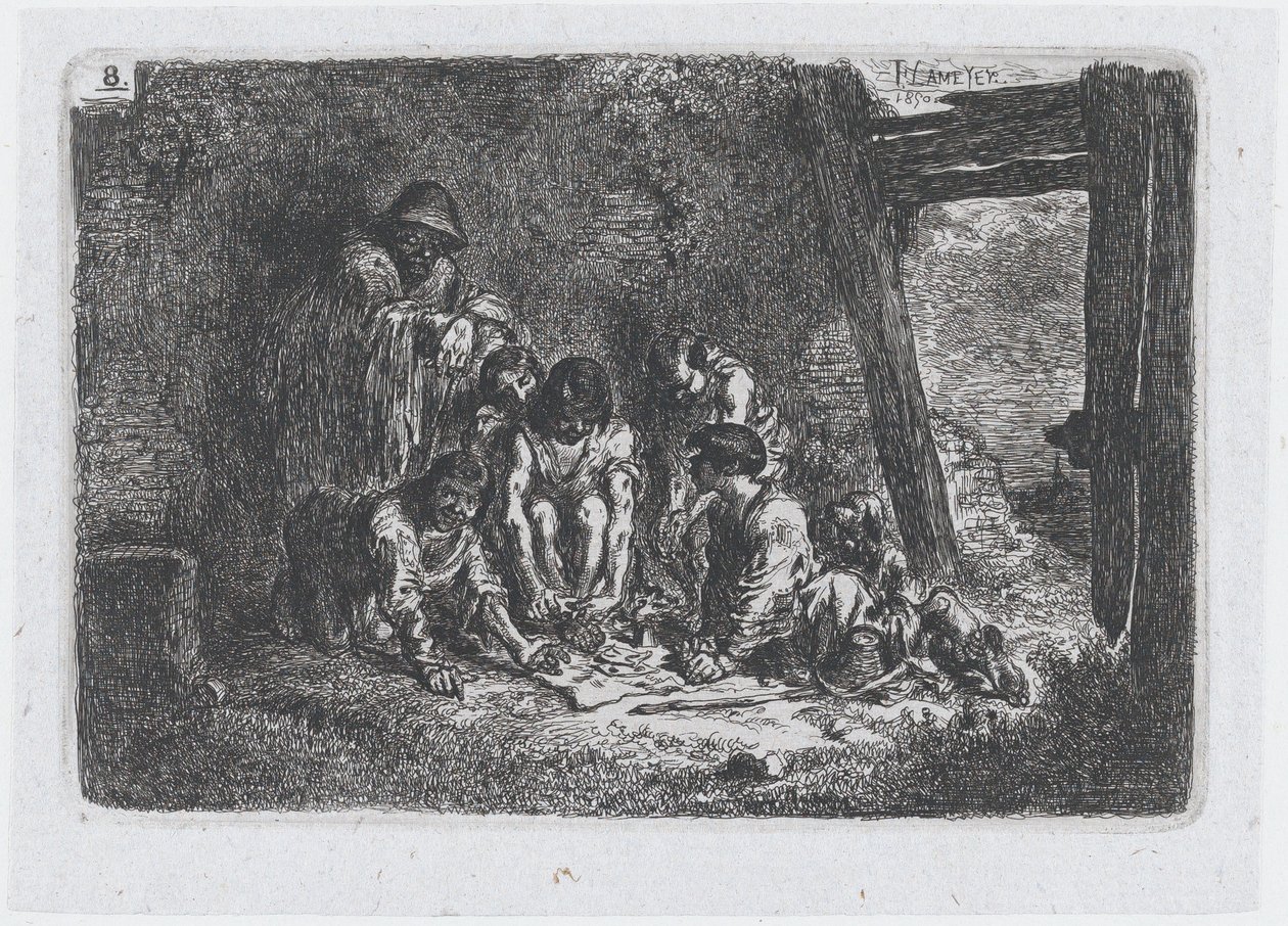 Plade 8: en gruppe figurer, hvoraf nogle spiller et spil, fra rækken af told og..., 1850. af Francisco Lameyer Berenguer