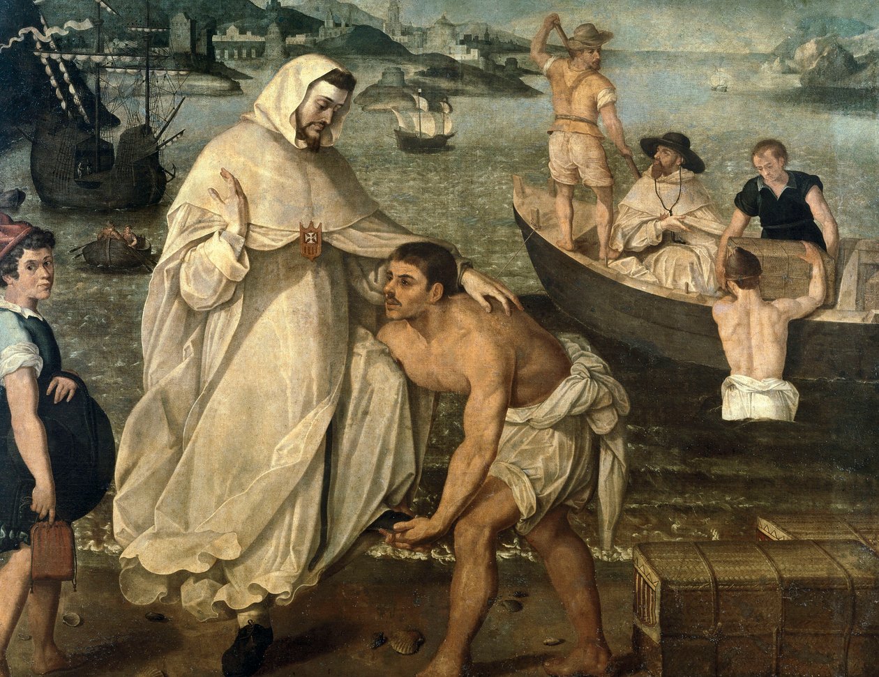 Sankt Peter Nolasque (1189-1256) går om bord for at befri kristne fanger holdt som gidsler af mauriske pirater for at blive solgt som slaver i Afrika (maleri) af Francisco Pacheco