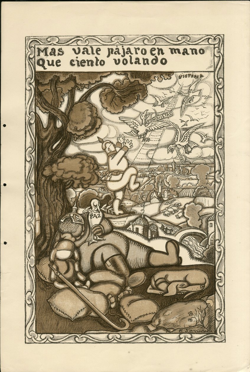 Illustration af Francisco Sancha Lengo (1874-1936) - Flying Leaf, ca. 1915 - Mere værd en fugl i hånden end hundrede flyvende - Krigen 14 -18, Tyskland Preussen, krigerister og symboler, Sejr, Fred, Spansk sprog, Udenlandsk presse af Francisco Sancha y Lengo