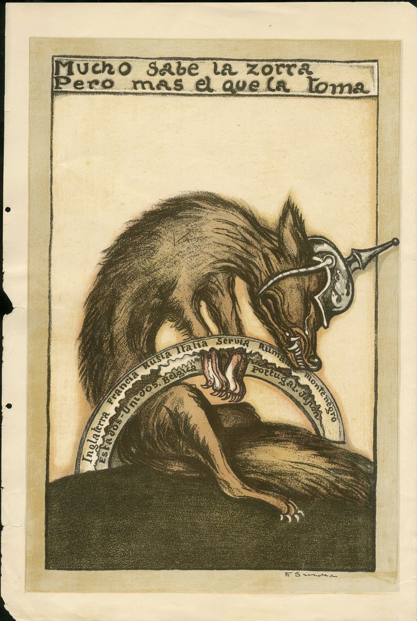 Illustration af Francisco Sancha Lengo (1874-1936) - Flyvende blad, ca. 1915 - Mucho sabe la zorra pero mal el que la toma - 14-18-krigen, Tyskland Preussen, krigerister og symboler, allierede, spansk sprog, udenlandsk presse - ræv -, obstruktion, animatio af Francisco Sancha y Lengo