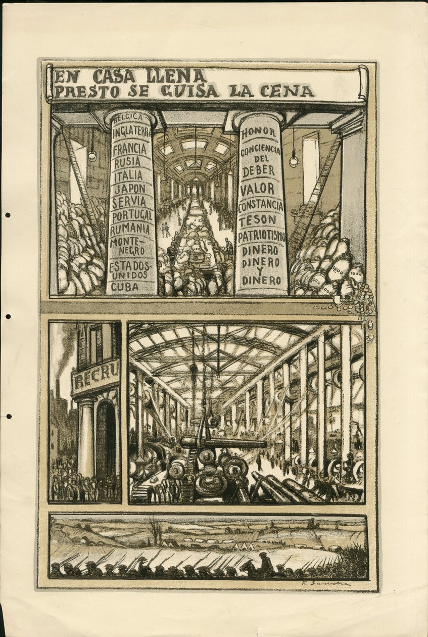 Illustration af Francisco Sancha Lengo (1874-1936) - Flyvende blad, ca. 1915 - En casa llena presto se guisa la cena - Krigen 14 -18, Kanoner, granater, Industrifabrikker, Spansk sprog, Mobilisering, Udenlandsk presse af Francisco Sancha y Lengo