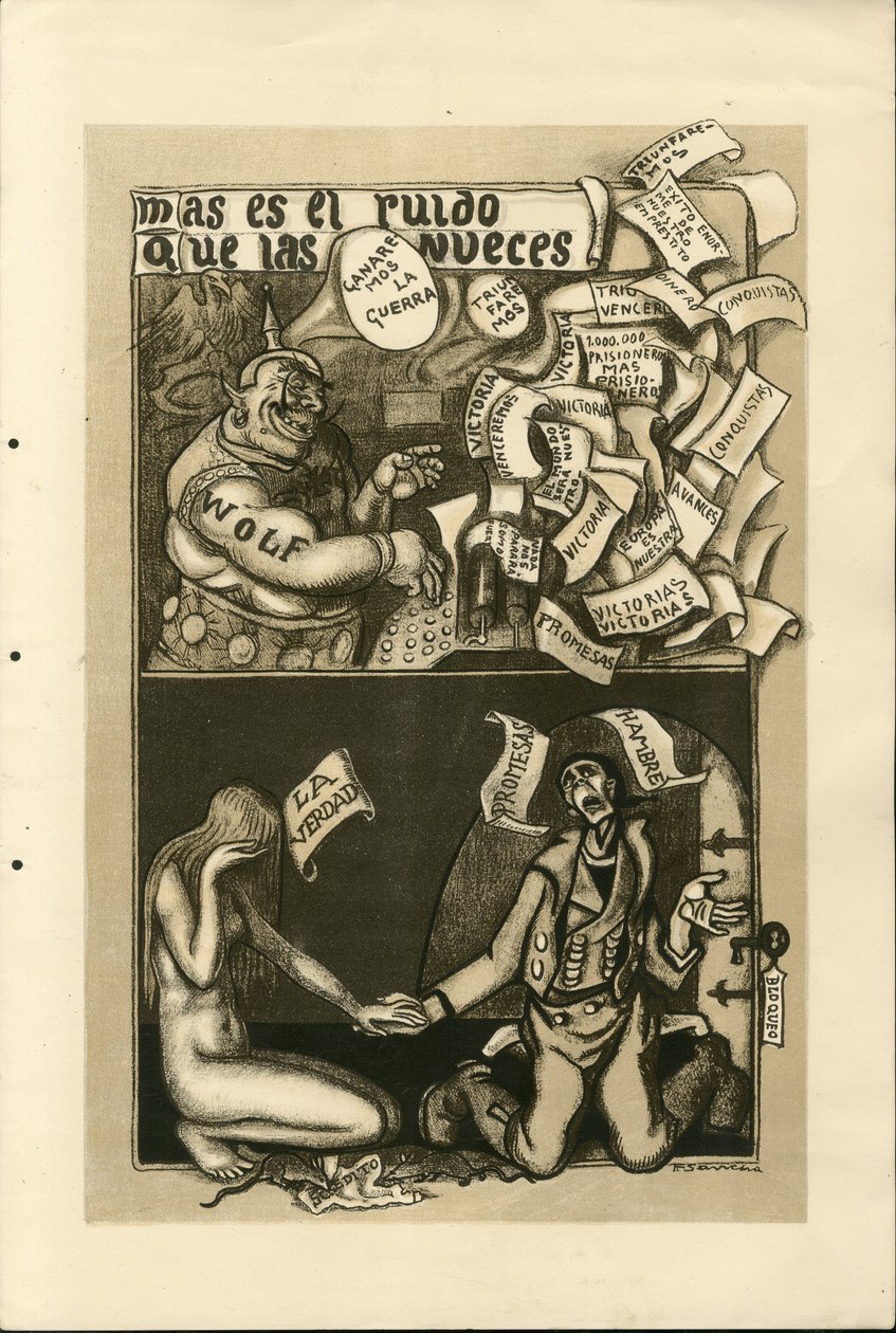Illustration af Francisco Sancha Lengo (1874-1936) - Flyvende blad, ca. 1915 - War of 14 -18, Wolff Agency, spansk sprog, udenlandsk presse af Francisco Sancha y Lengo
