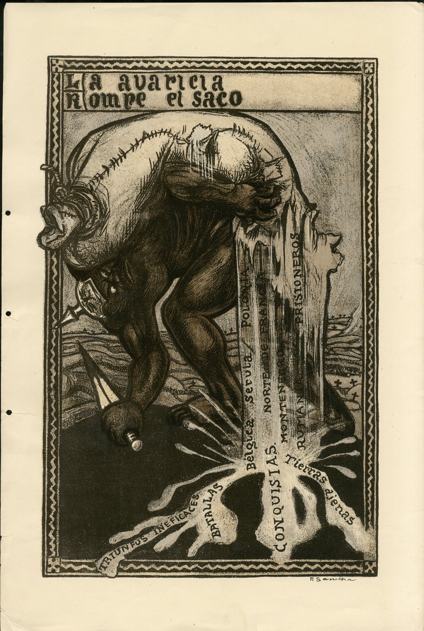 Illustration af Francisco Sancha Lengo (1874-1936) - Flyvende blade, ca. 1915 - 14-18-krigen, Tyskland Preussen, Sølv, krigerister og symboler, Spansk sprog, Udenlandsk presse af Francisco Sancha y Lengo