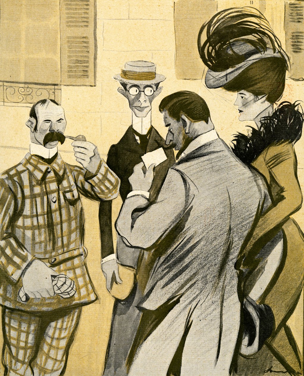 To englændere spørger klodset et glamourøst fransk par om vej på dårligt fransk, 1903. af Francisco Sancha y Lengo