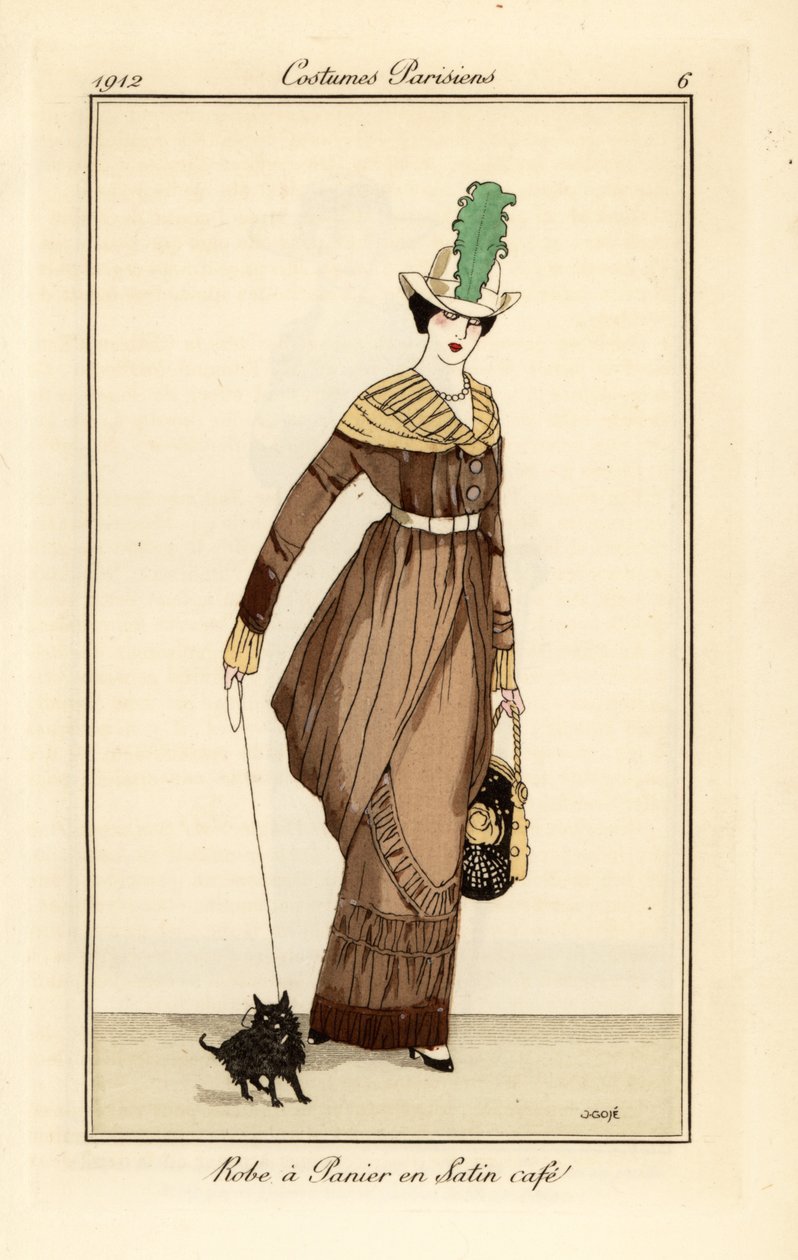 Kvinde i kurvekjole i kaffefarvet satin med hund, radering fra Tommaso Antonginis Journal des Dames et des Modes, Aux Bureaux du Journal des Dames, Paris af Francesc Xavier Gosé