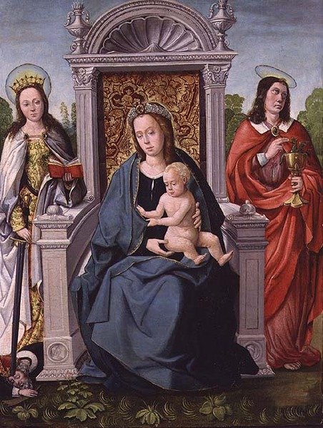 Madonna og barn med St. Catherine og St. John the Evangelist, ca. 1530-40 (panel) af Francisco de (attr. to) Comontes