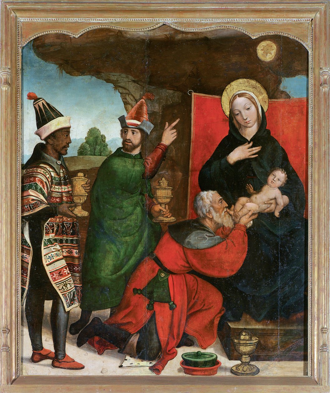 Magiernes tilbedelse - Comontes, Francisco de (aktiv 1524-1565) - 1535-1540 - Olie på træ - 129x103 - Museo de Bellas Artes, Salamanca af Francisco de Comontes