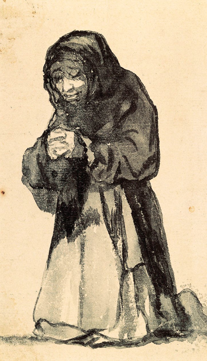 En gammel kvinde knæler i bøn, begyndelsen af det 19. århundrede (tegning) af Francisco de Goya