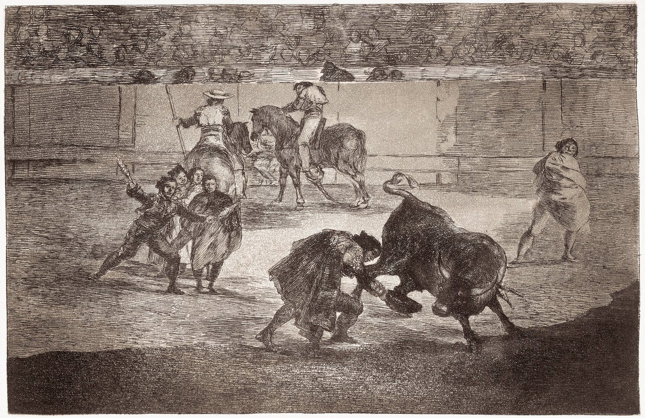 Tyrefægtning: en tyrefægter går ind i arenaen for at dræbe tyren med en hat i stedet for muletaen af Francisco de Goya