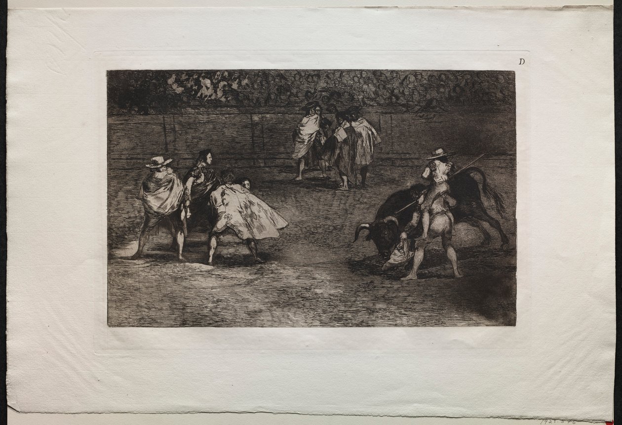 Tyrefægtning: En tyrefægter monteret på en assistents skuldre, spyd en tyr, 1876. af Francisco de Goya