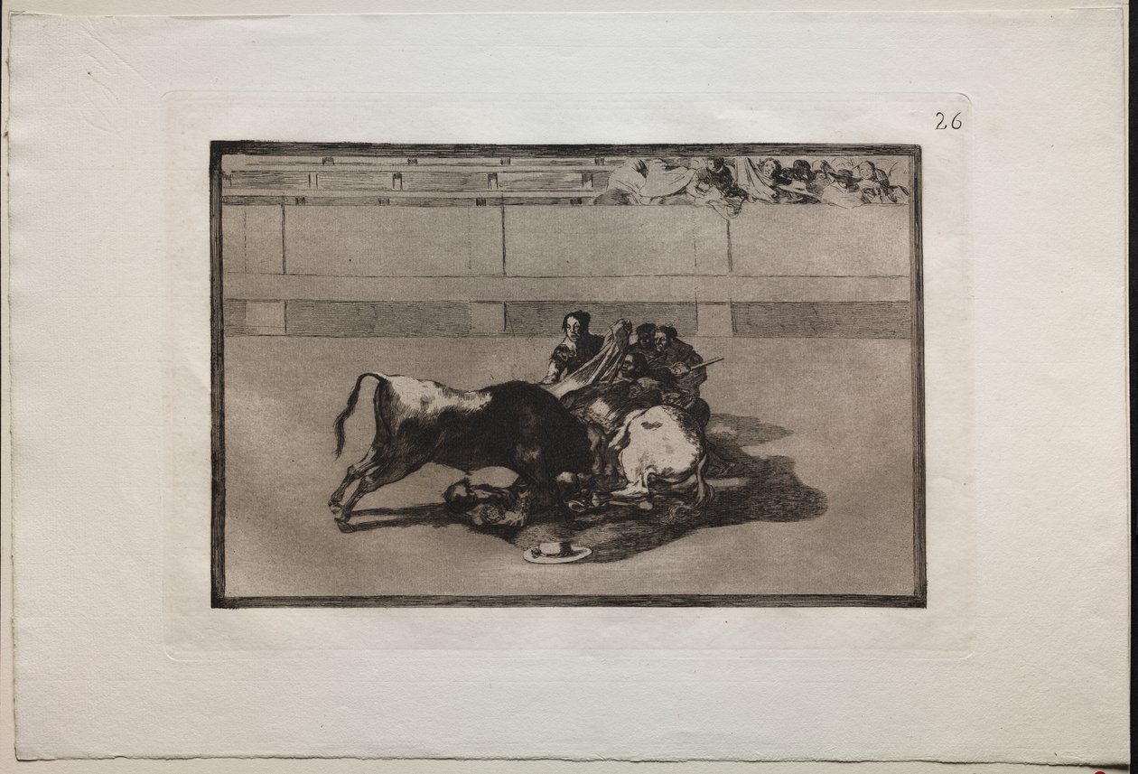 Tyrefægtning: En Picador er unhorsed og falder under Tyren af Francisco de Goya