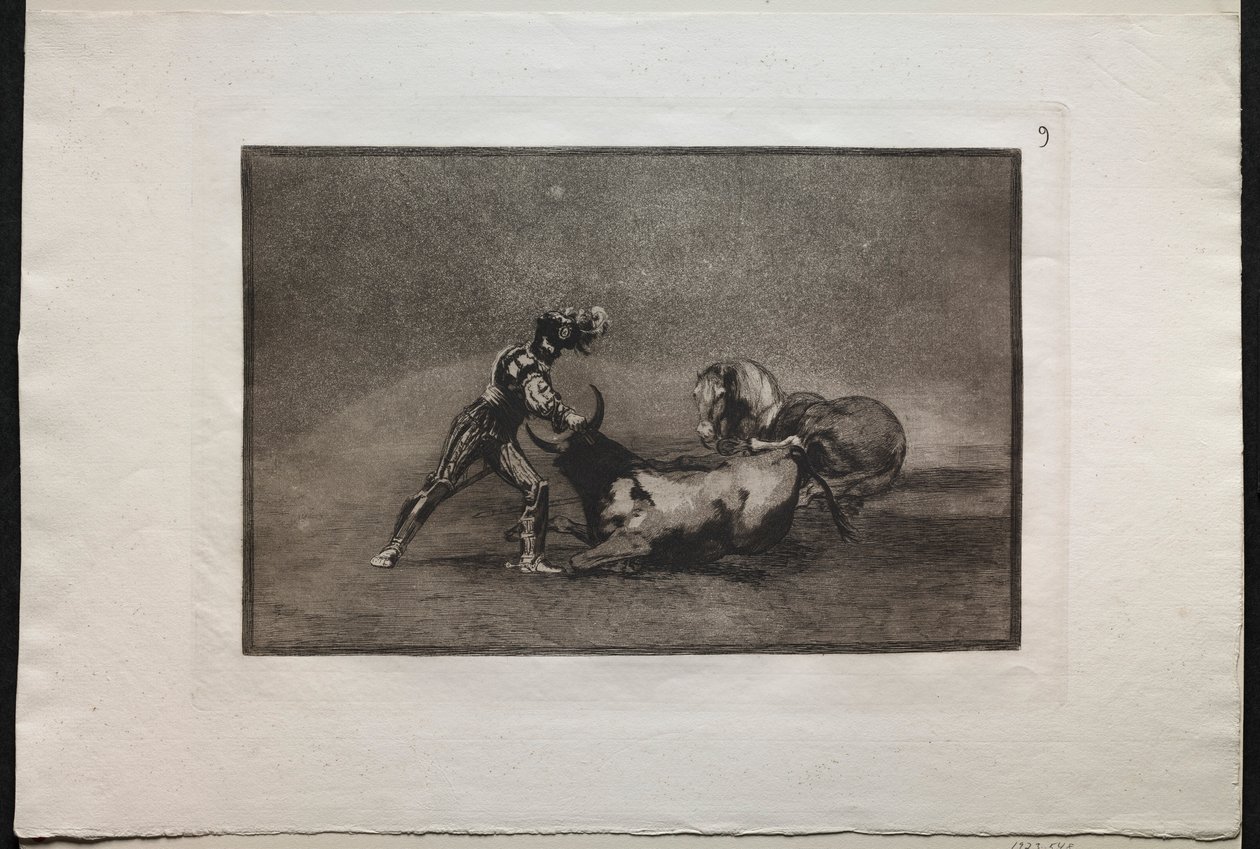Tyrefægtning: En spansk ridder dræber tyren efter at have mistet sin hest, 1876. af Francisco de Goya