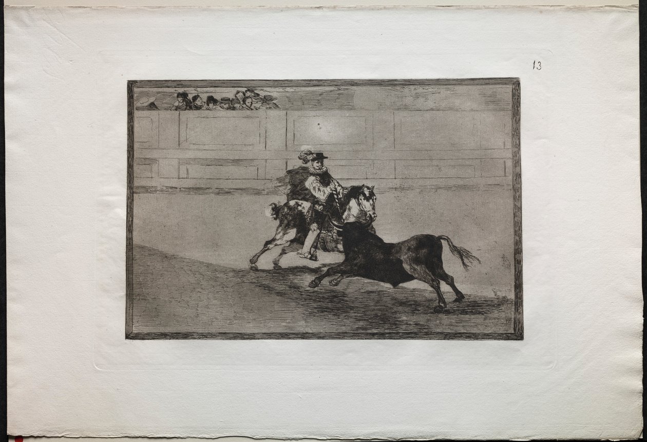 Tyrefægtning: En spansk ridder i ringen, der knækker korte spyd uden hjælp..., 1876. af Francisco de Goya