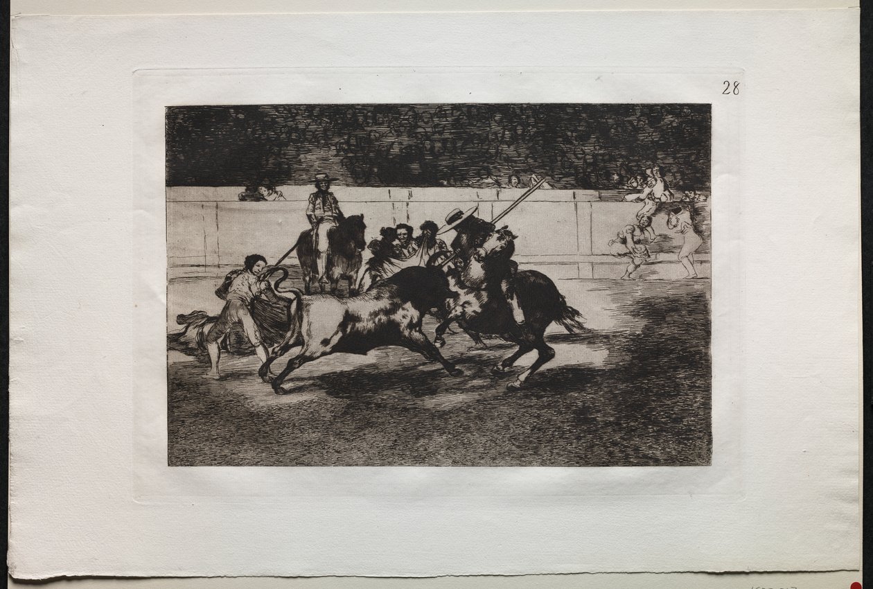 Tyrefights: The Forceful Rendon Stabs a Bull with the Piqué, hvorfra han døde i ringen ved Madrid af Francisco de Goya