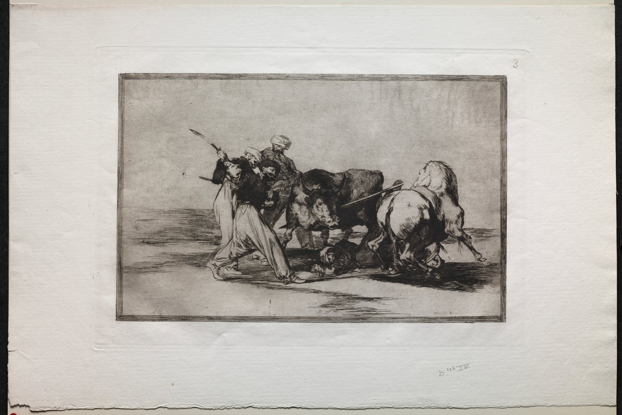 Tyrefægtning: Maurerne slog sig ned i Spanien, opgav Koranens overtro, adopterede denne jagtkunst og spyd en tyr i det fri af Francisco de Goya