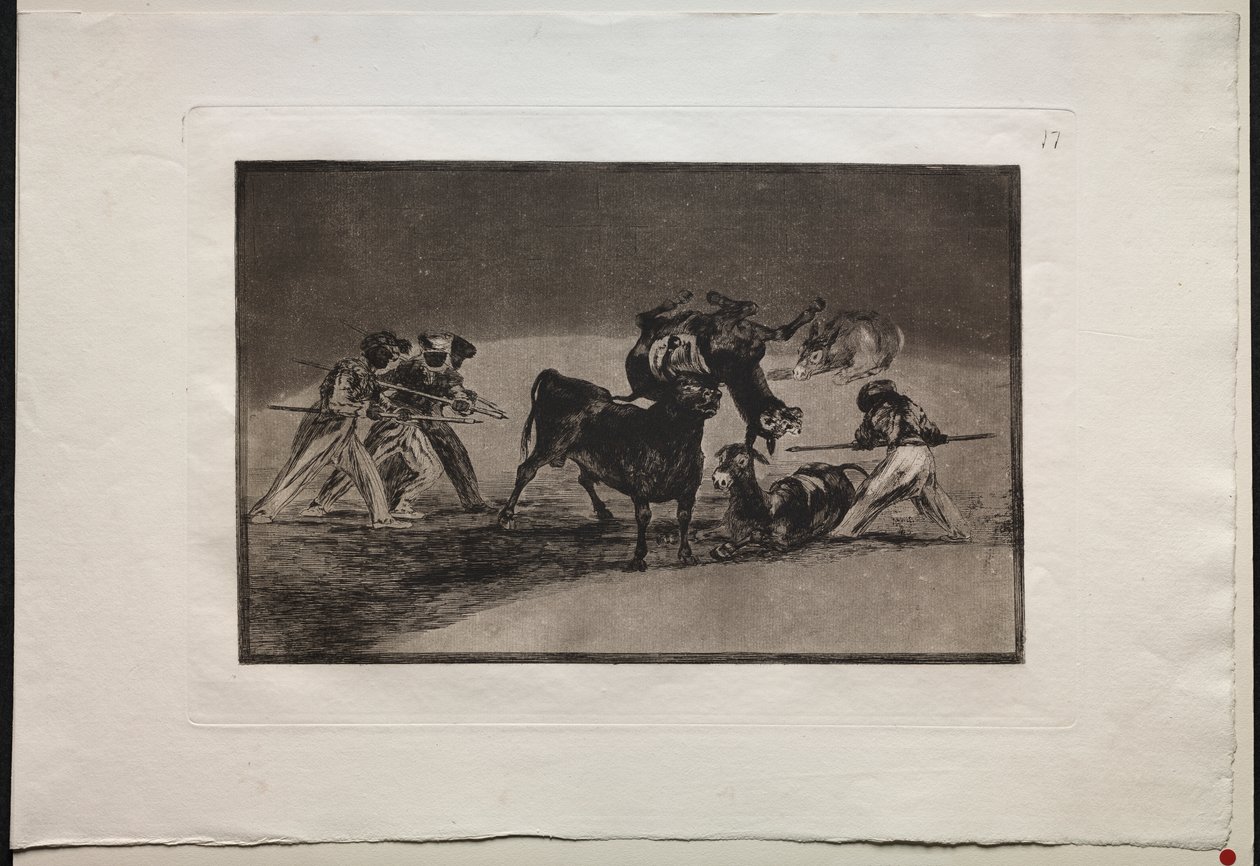Tyrefægtning: maurerne bruger æsler som en barriere til at forsvare sig mod tyren, hvis horn er blevet vippet med bolde af Francisco de Goya
