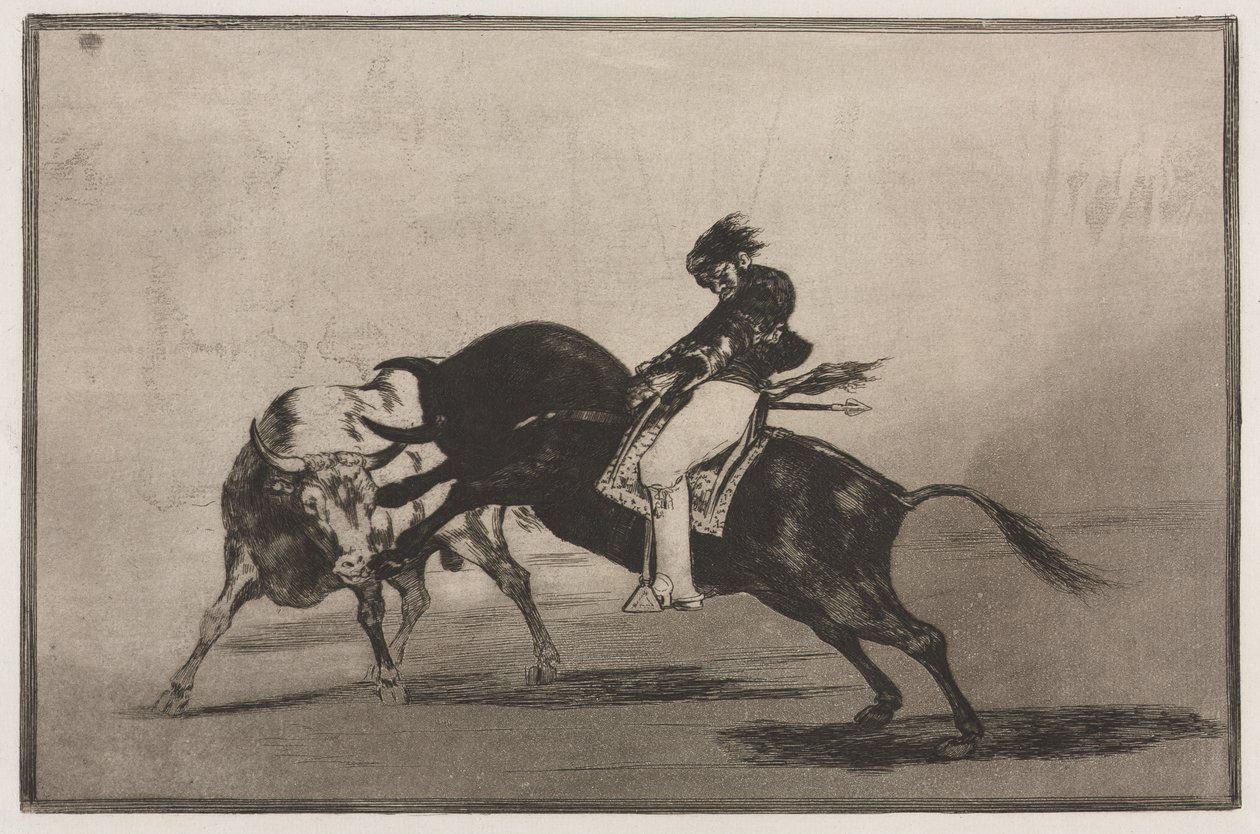 Tyrefægtning: Den samme Ceballos monteret på en anden tyr bryder korte spyd i ringen i Madrid af Francisco de Goya