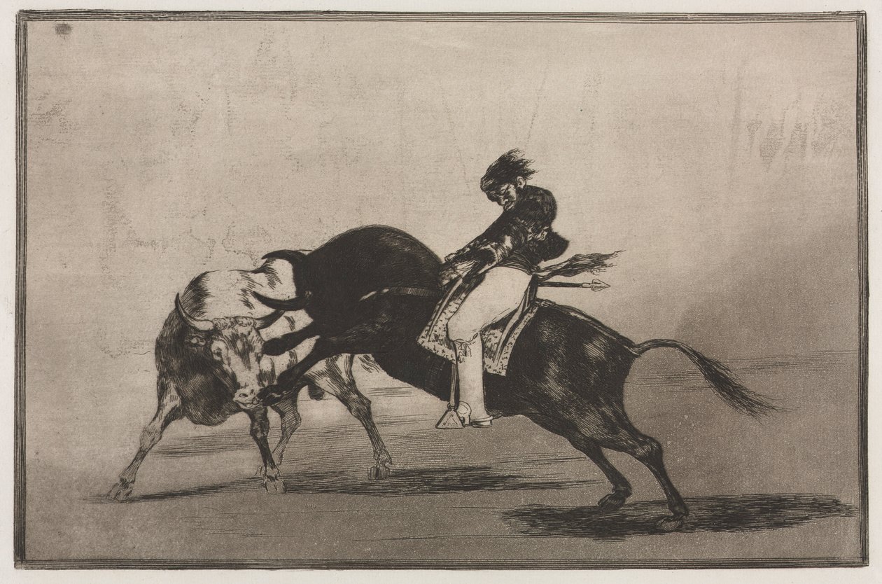 Tyrefægtning: Den samme Ceballos monteret på en anden Tyr Breaks Short Spears in the Ring, 1876. af Francisco de Goya