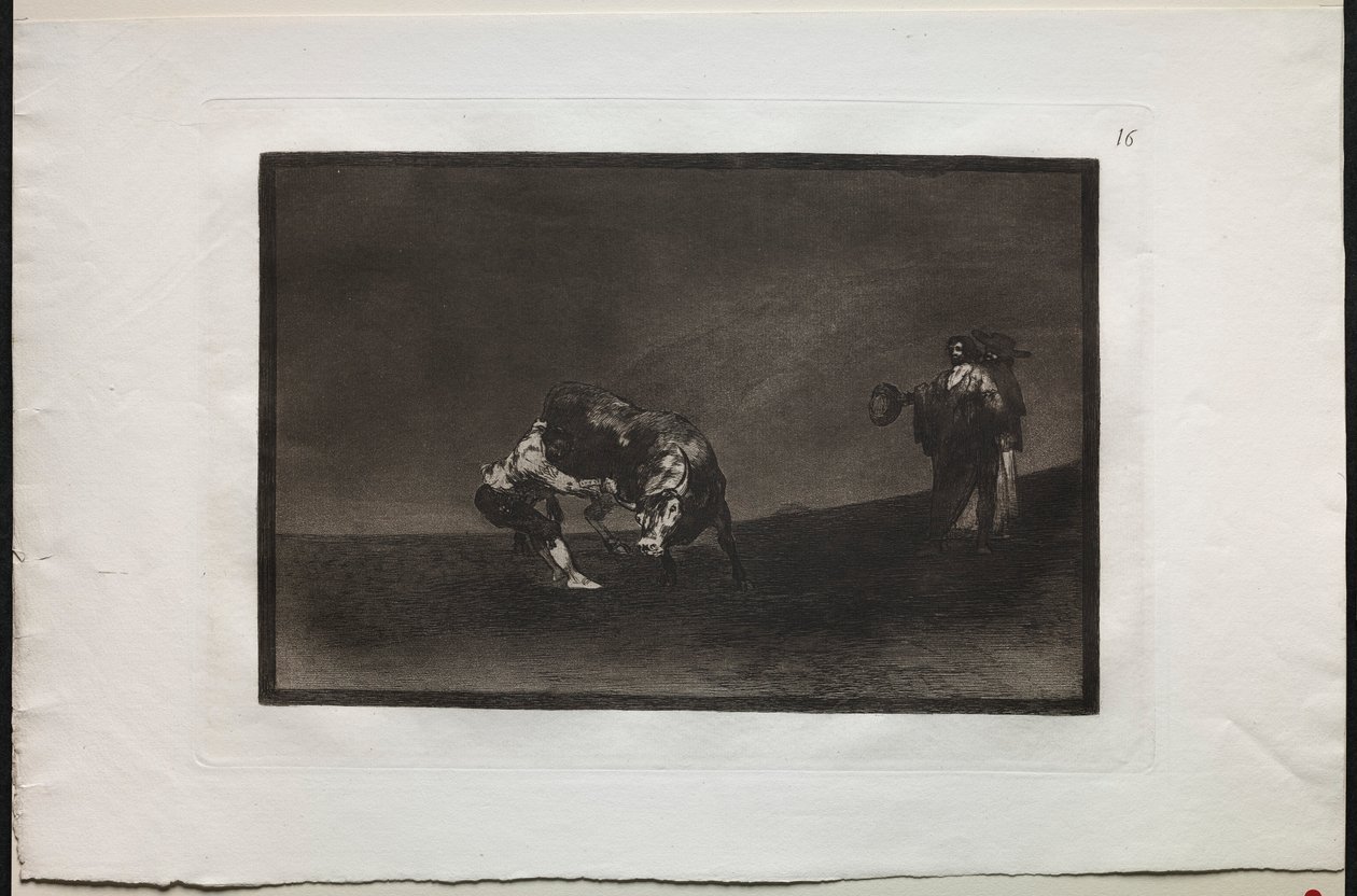 Tyrefægtning: Den samme mand kaster en tyr i ringen i Madrid, 1876. af Francisco de Goya
