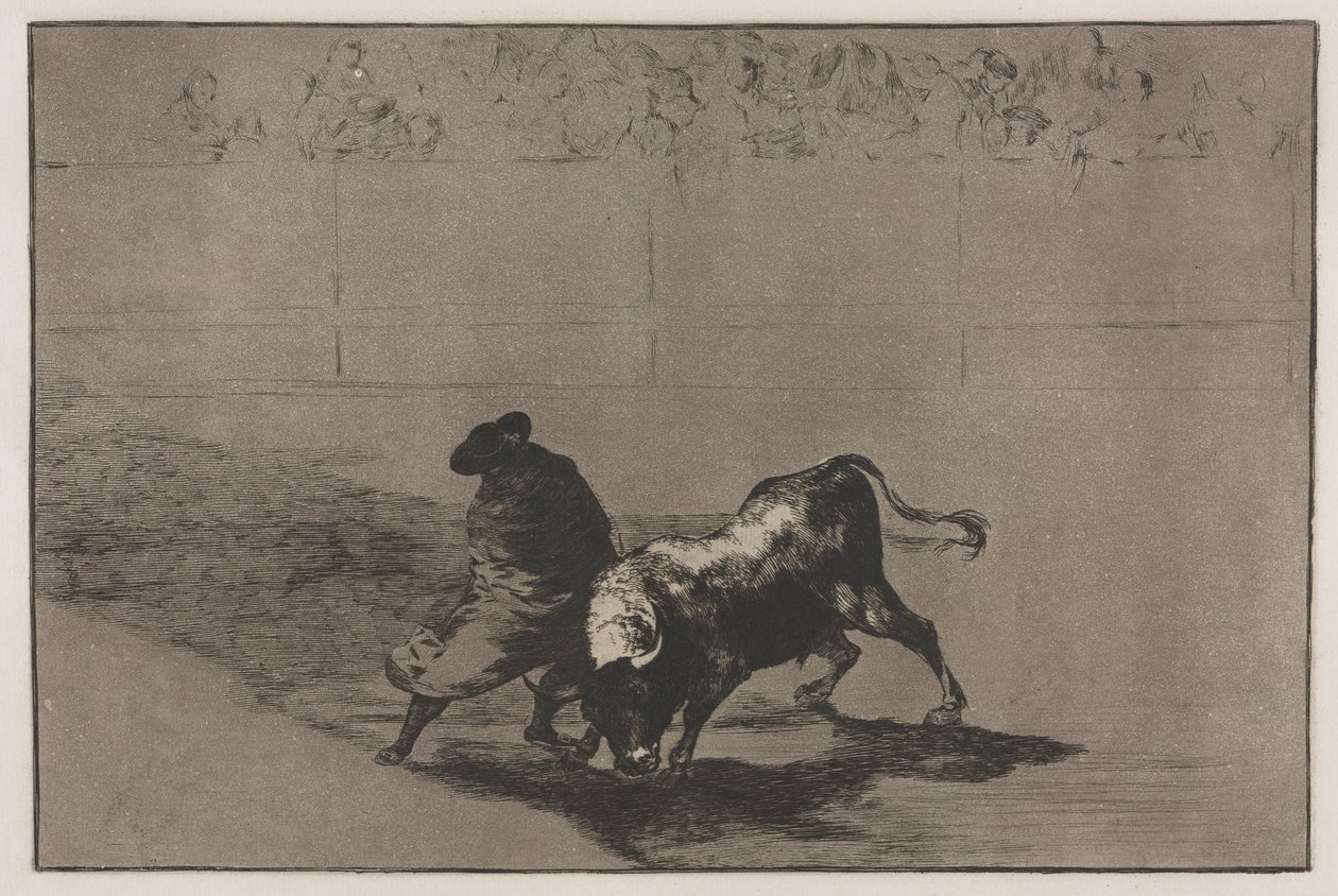 Tyrefights: The Very Skilful Student of Falces, Wrapped in his Cape, Tricks the Bull..., 1876. af Francisco de Goya