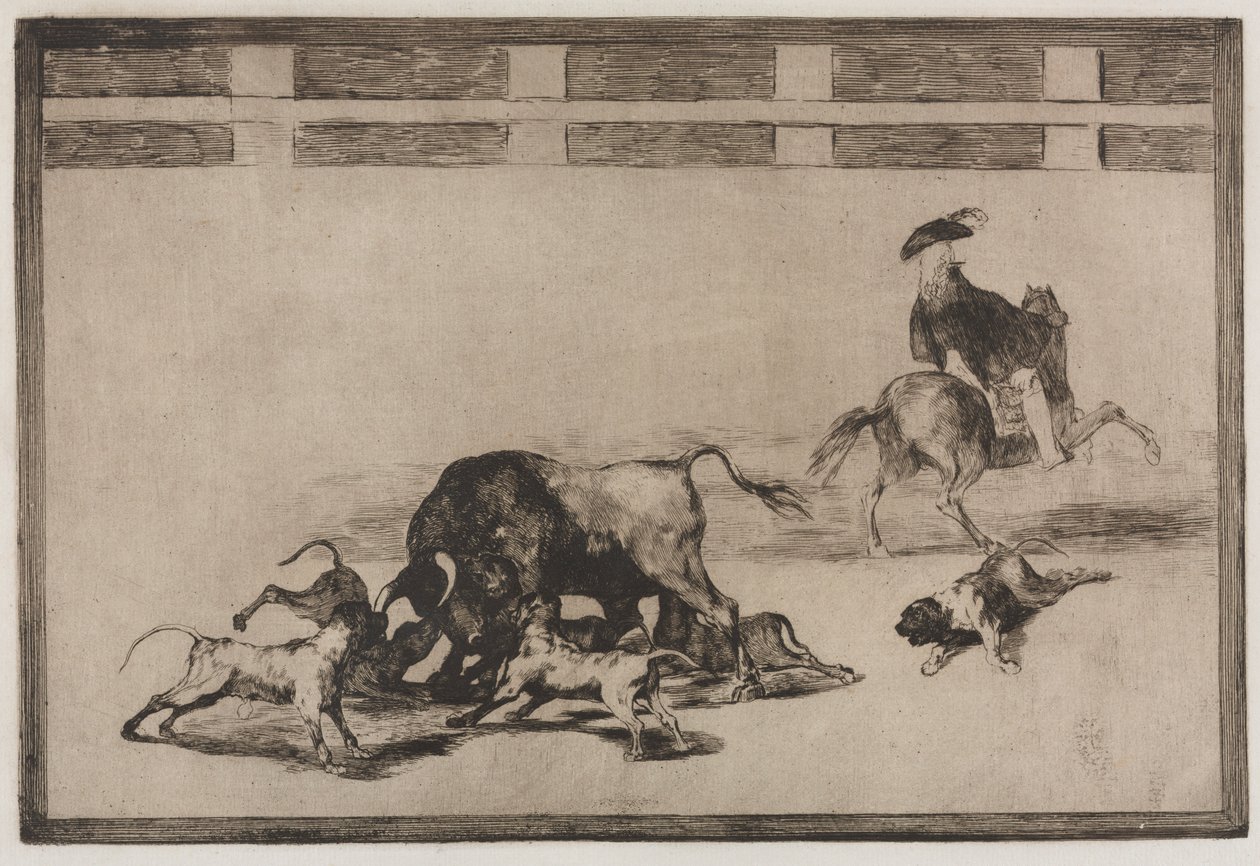 Tyrefights: They Loose Dogs on the Bull, 1876. af Francisco de Goya