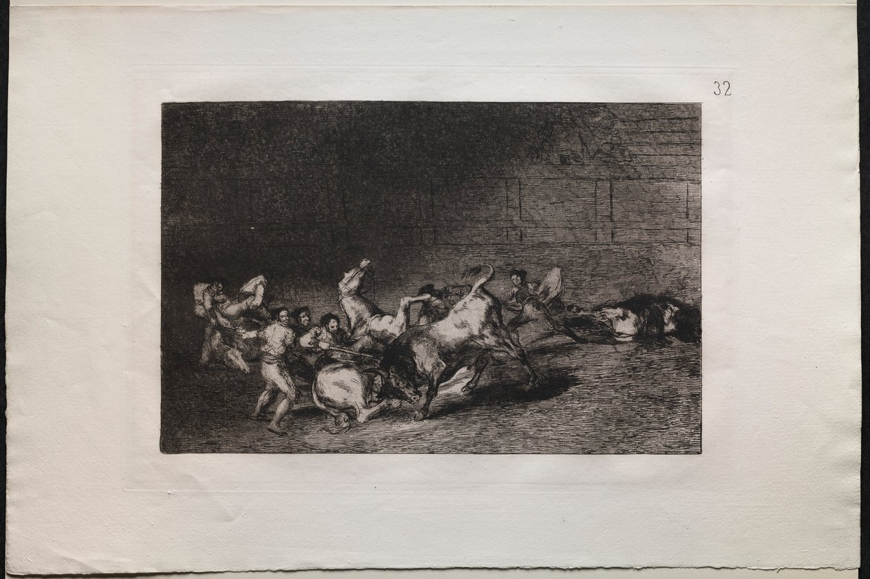 Tyrefægtning: To hold af Picadors kastet efter hinanden af en enkelt tyr, 1876. af Francisco de Goya