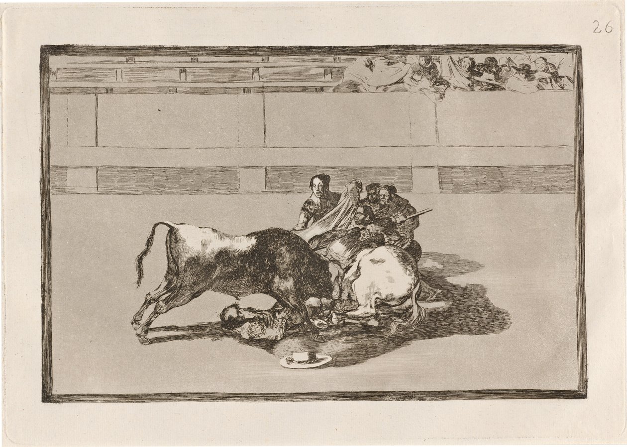 Fald af en picador fra sin hest under tyren (En Picador er unhorsed og falder under tyren) af Francisco de Goya