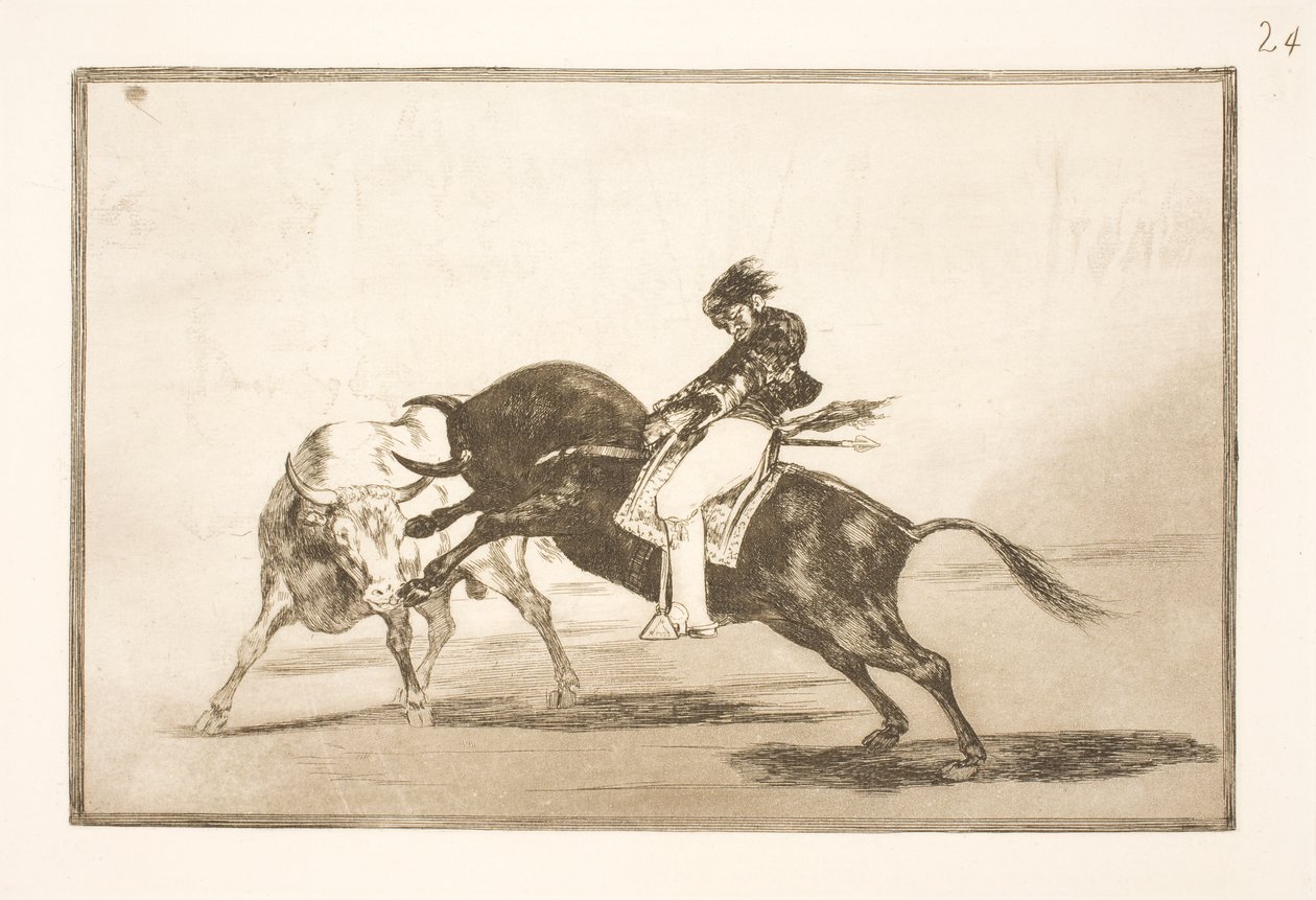 Den samme Ceballos, siddende på ryggen af en anden tyr, brækker korte spyd i arenaen i Madrid af Francisco de Goya