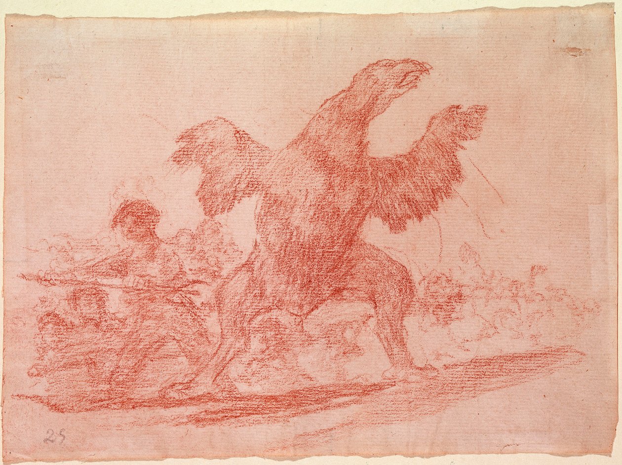 Krigens Destres: "" Den kødædende grib"" Repræsentation af tilhængerne af monarkiet Ferdinand VII af Spanien som dyr. Forberedelsestegning med rød blyant til radering n.76 af Francisco de Goya y Lucientes (1746-1828). 1810-1812. Madrid. Prad af Francisco de Goya