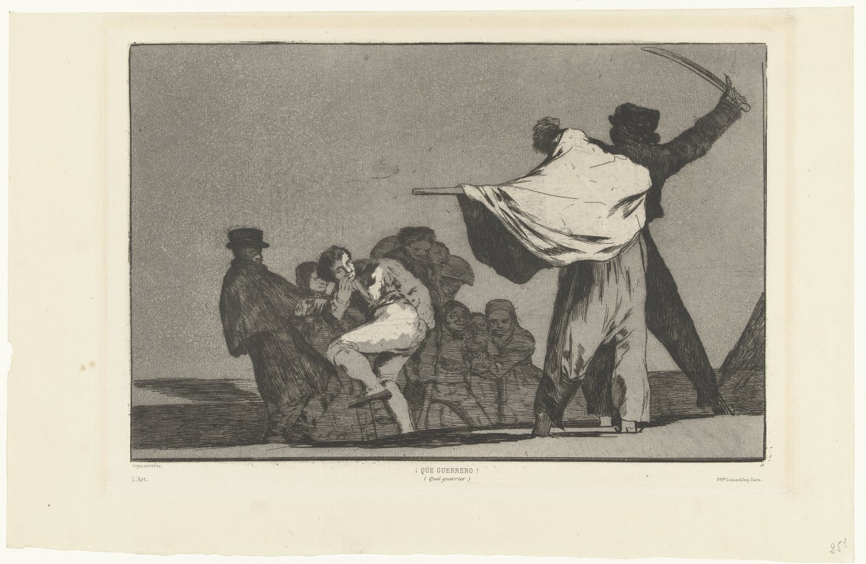 Den soldat! Que Guerrero! (Quel guerrier) (titel på objekt) Disperate Conocido (Den velkendte dårskab) Los Disparates (The follies) (serietitel) Los Proverbios (Ordsprogene) (serietitel) af Francisco de Goya