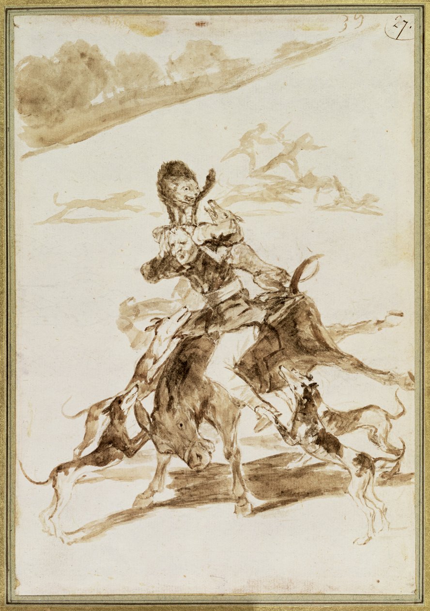 Hunde angriber en mand på et muldyr (wc på papir) af Francisco de Goya