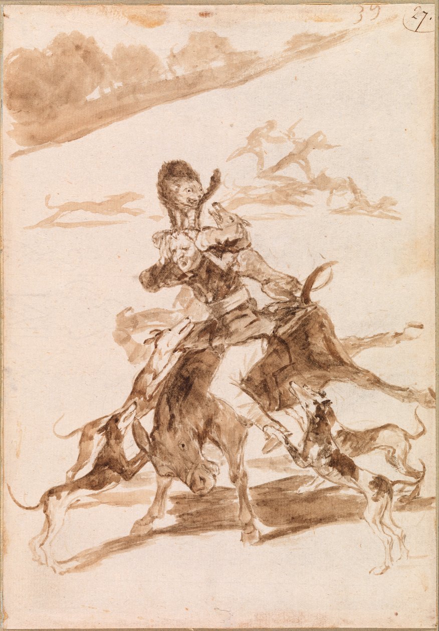 Hunde jagter en kat på en mand på et æsel af Francisco de Goya