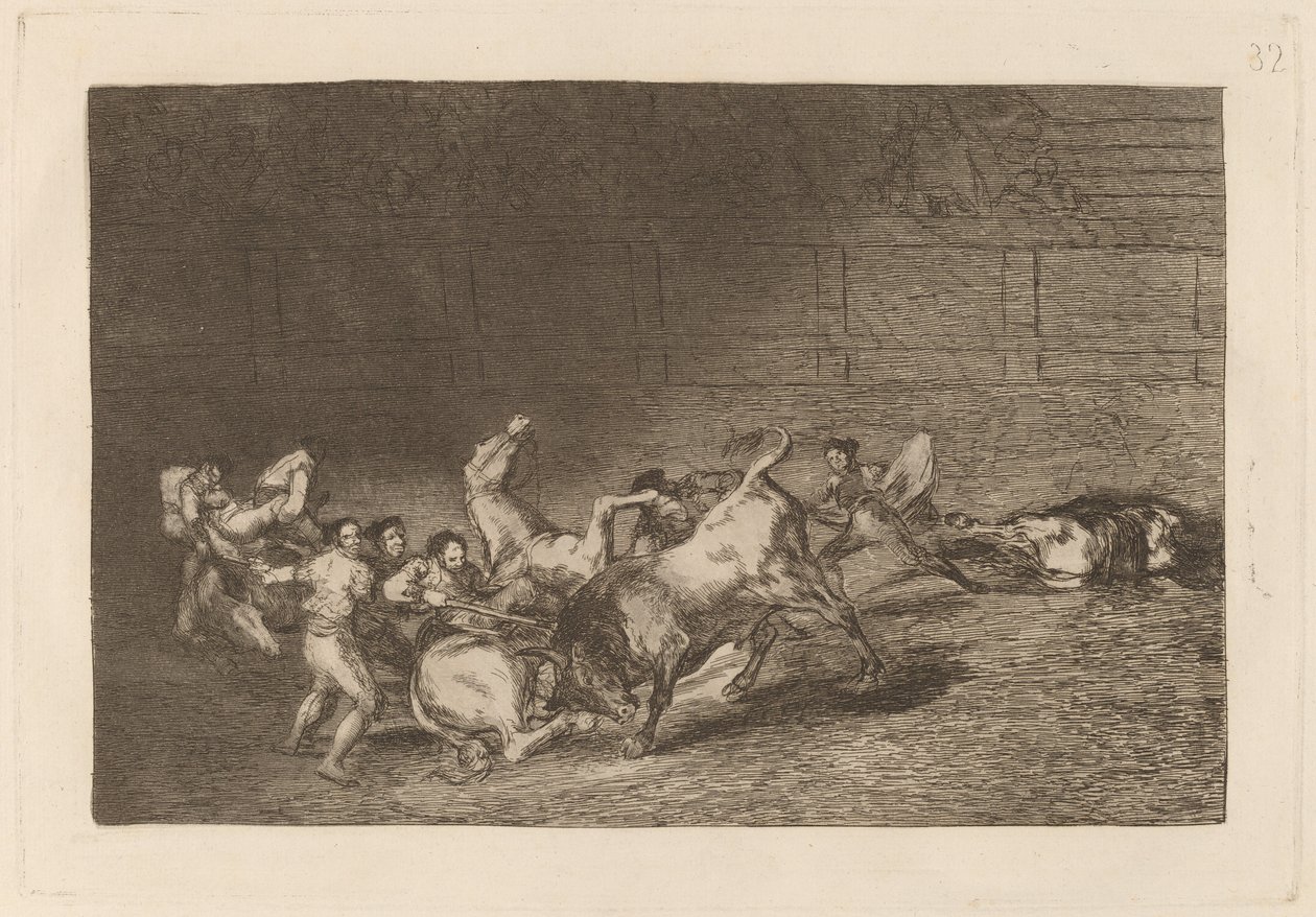 To hold af Picadors kastet efter hinanden af ​​en enkelt Tyr af Francisco de Goya