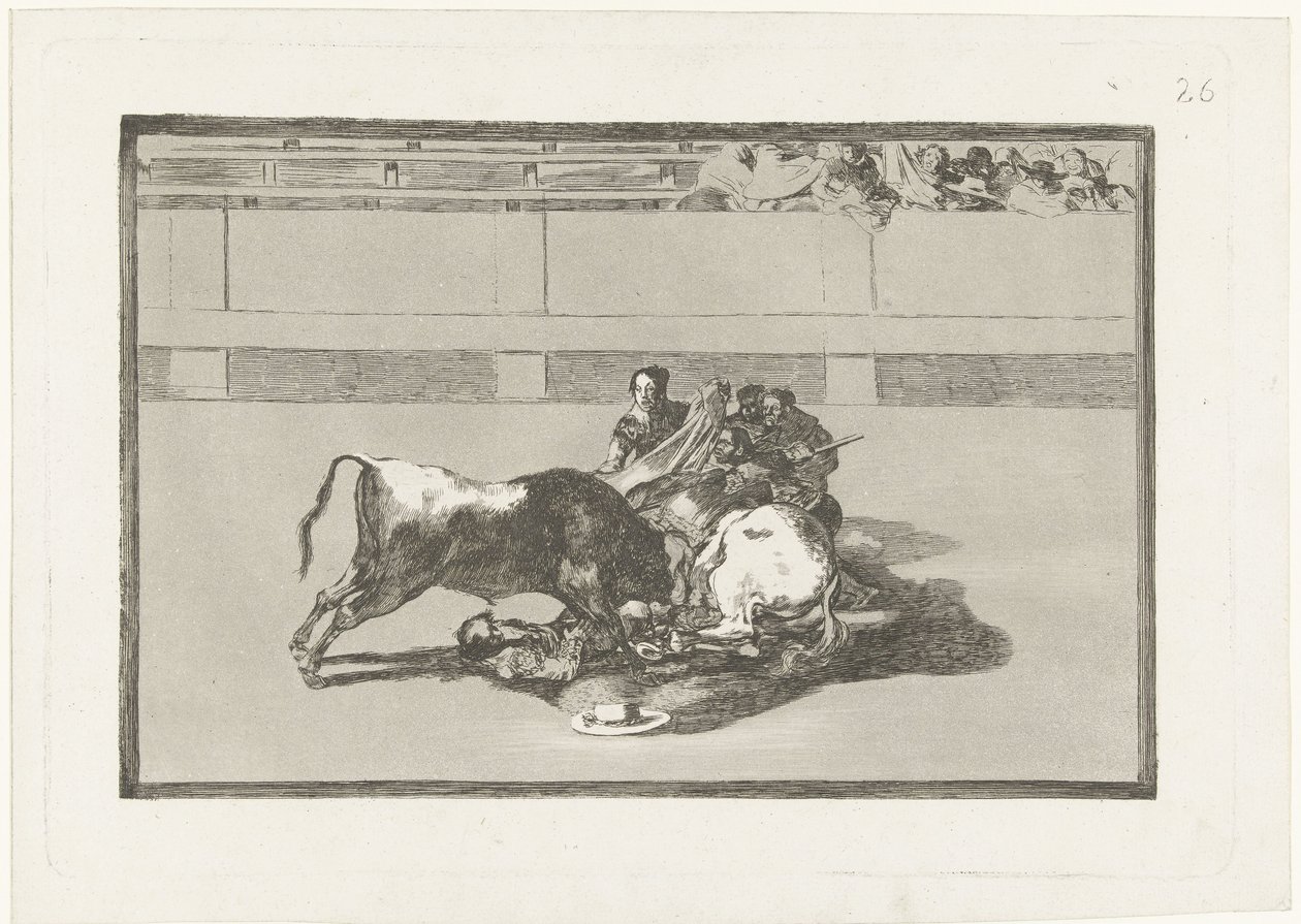En picador er blevet væltet af sin hest og ligger under tyren Caida de un picador de su caballo debajo del toro La Tauromaquia (serietitel) Tyrefægtning (serietitel) af Francisco de Goya