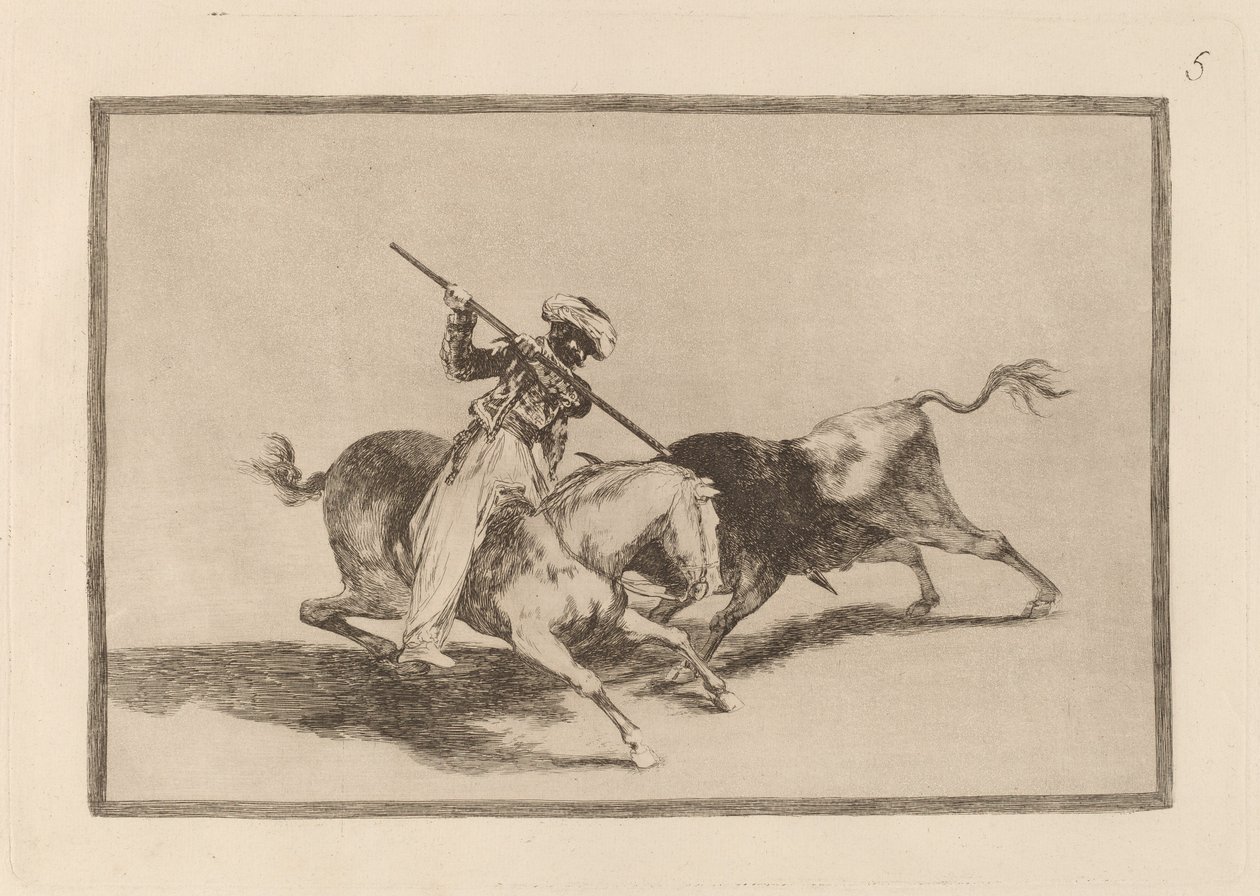The Spirited Moor Gazul er den første til at spyd tyre i rækkefølge (The Spirited Moor Gazul er den første der spydtyre ifølge reglerne) af Francisco de Goya