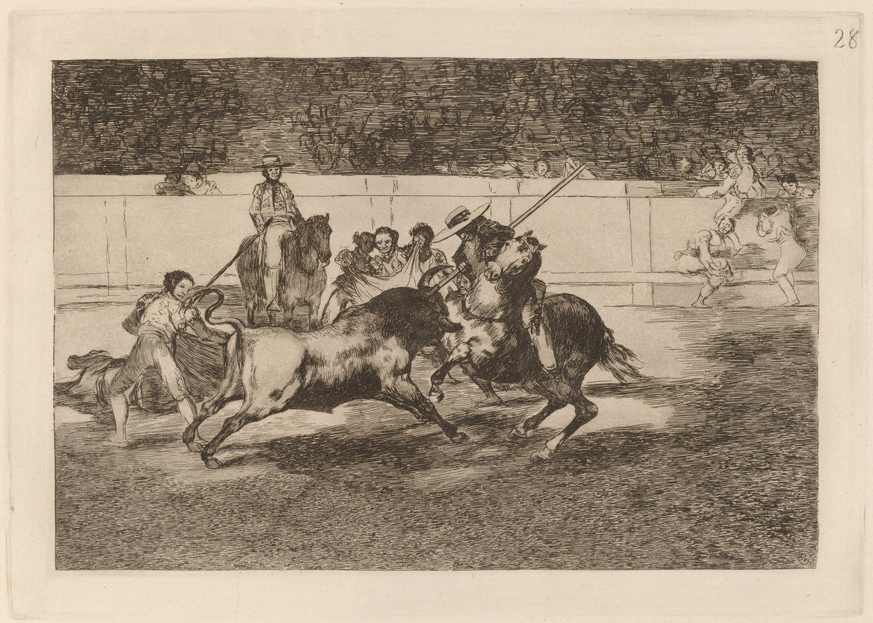 Den kraftfulde Rendon, der bider en tyr, af hvis skæbne han døde på Madrid-pladsen (The Forceful Rendon Stabs a Bull with the Pique, from which Pass He Died in the Ring at Madrid) af Francisco de Goya