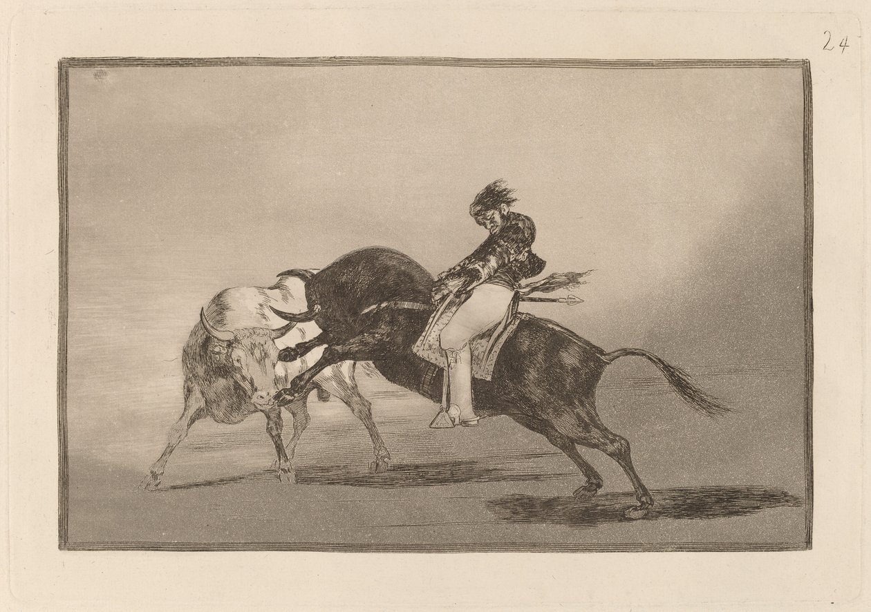 Den samme Ceballos monteret på en anden tyr bryder Rejones på Plaza de Madrid (Den samme Ceballos monteret på en anden tyr bryder korte spyd i ringen i Madrid) af Francisco de Goya