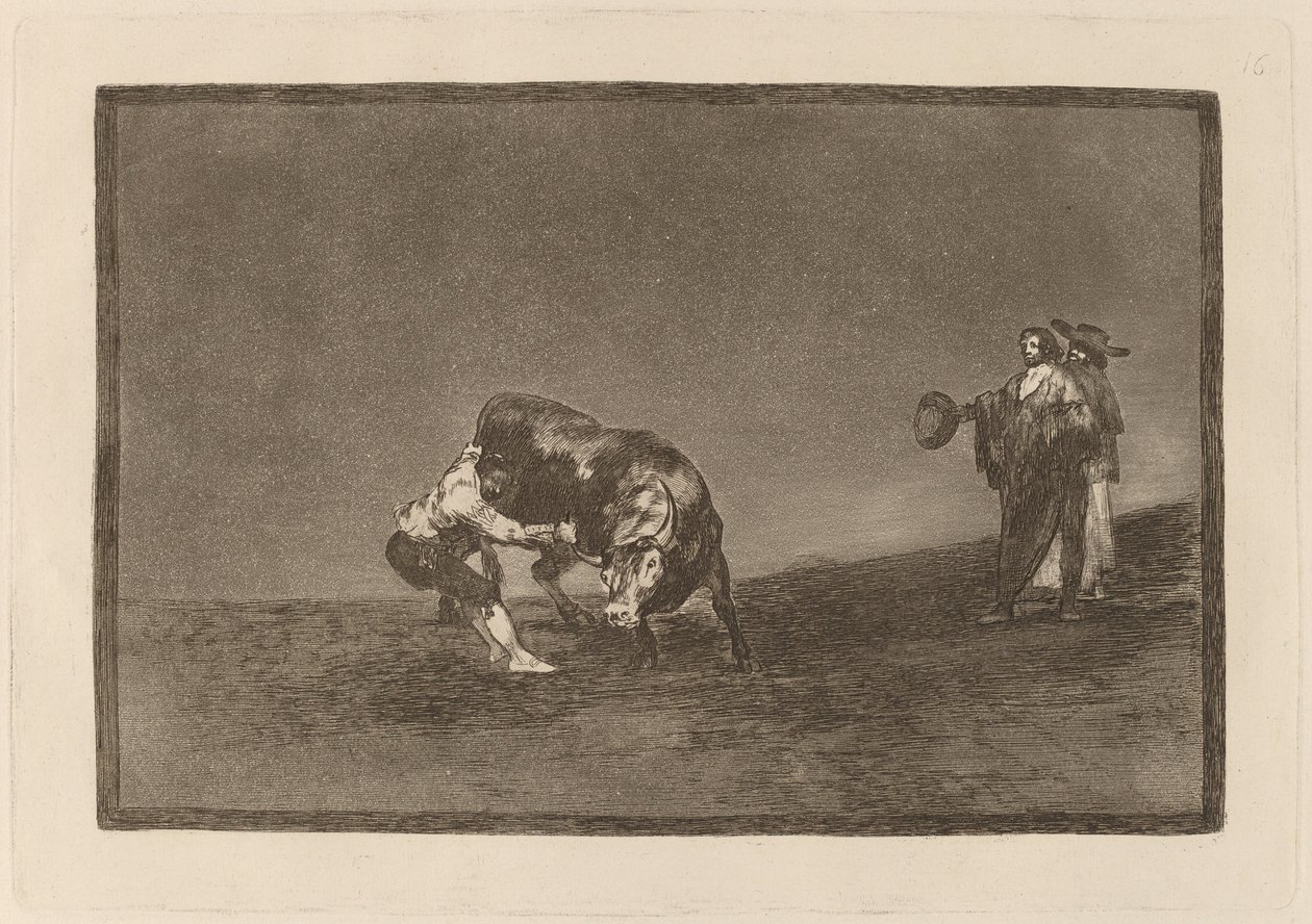 Han vælter selv en tyr på Madrid-pladsen (Den samme mand kaster en tyr i ringen ved Madrid) af Francisco de Goya