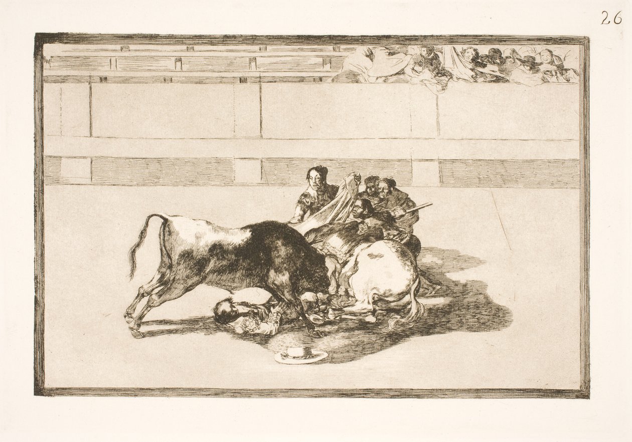 En picador bliver kastet af hesten og styrter under tyren af Francisco de Goya