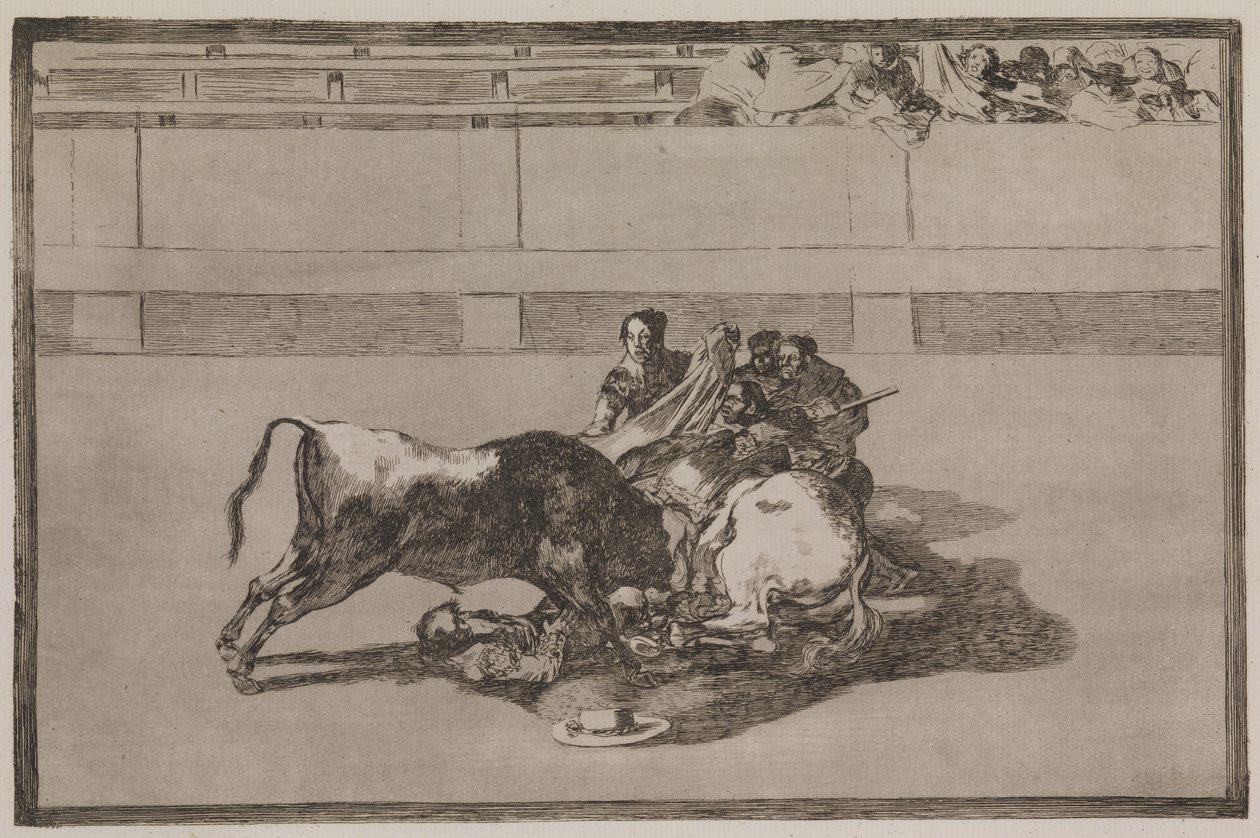 En picador bliver kastet af hesten og styrter under tyren af Francisco de Goya