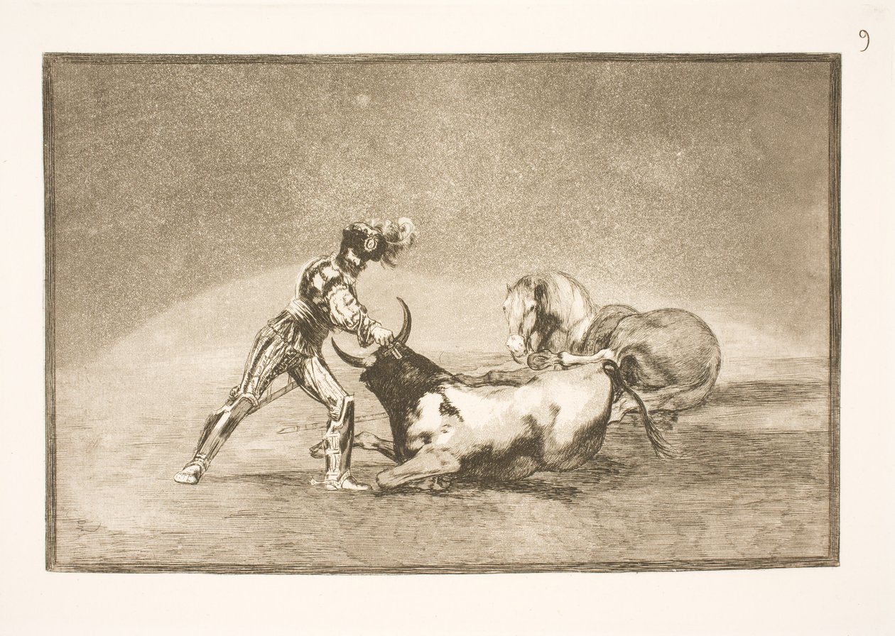 En spansk rytter slår tyren ihjel efter at have mistet sin hest af Francisco de Goya