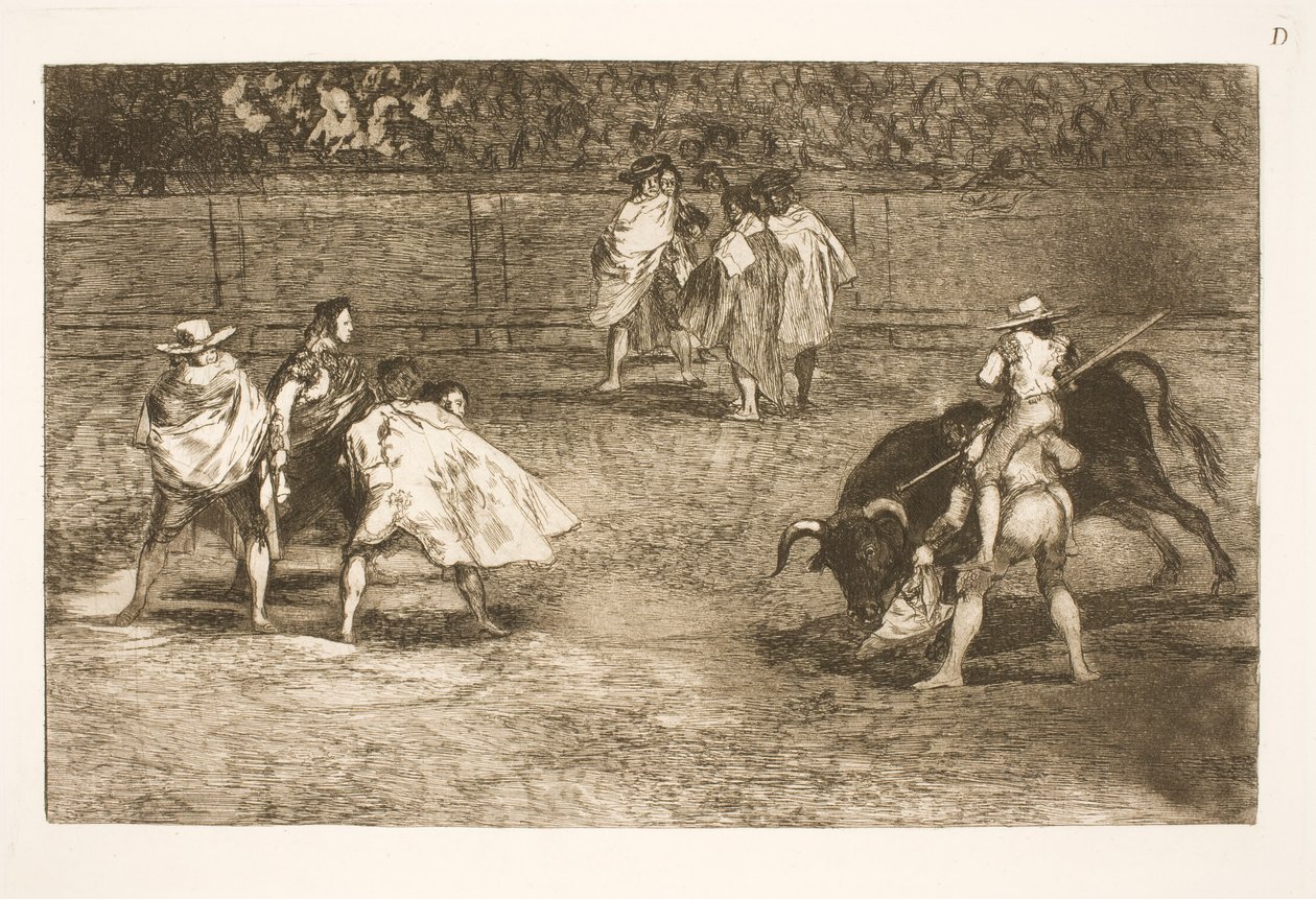 En tyrefægter, siddende på skuldrene af en hjælper, stanger en tyr af Francisco de Goya