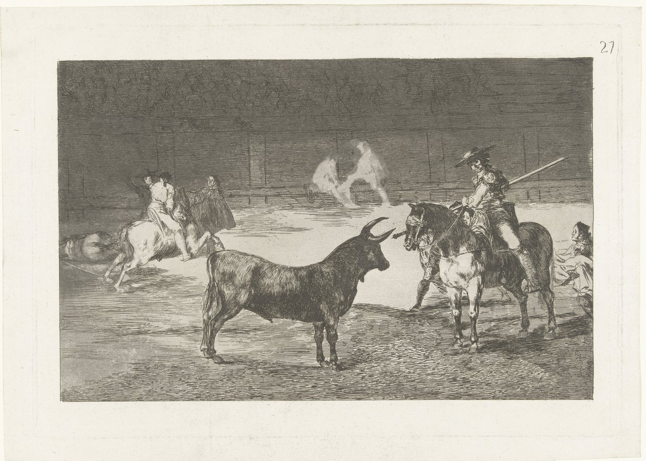 Fernando del Toro daagt en stier ud Den berømte Fernando del Toro, barilarguero, tvinger udyret med sin stang Tyrefægtning (serietitel) Stierenvechten (serietitel) af Francisco de Goya