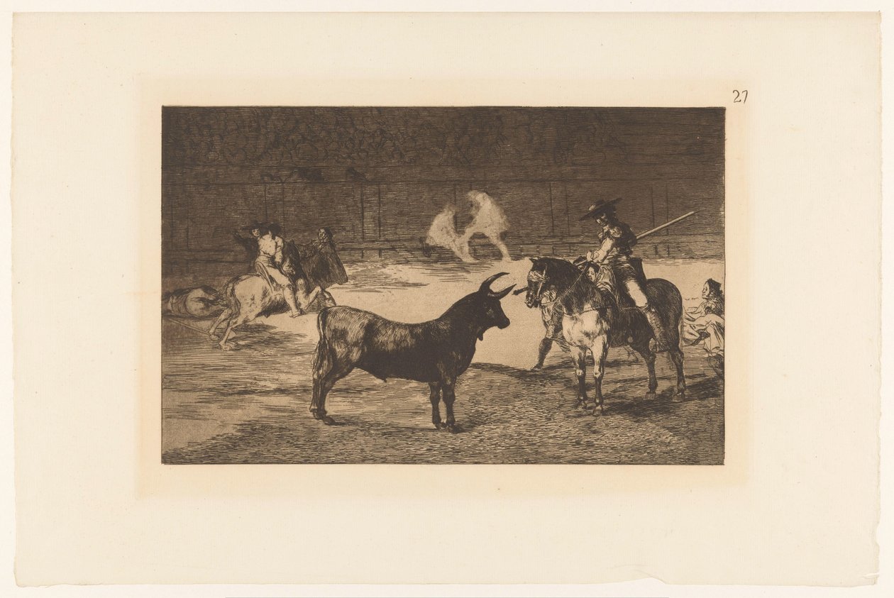Fernando del Toro daagt en stier ud Den berømte Fernando del Toro, barilarguero, tvinger udyret med sin stang Stierengevechten (serietitel) La Taureamachie (serietitel) Tyrefægtning (serietitel) af Francisco de Goya