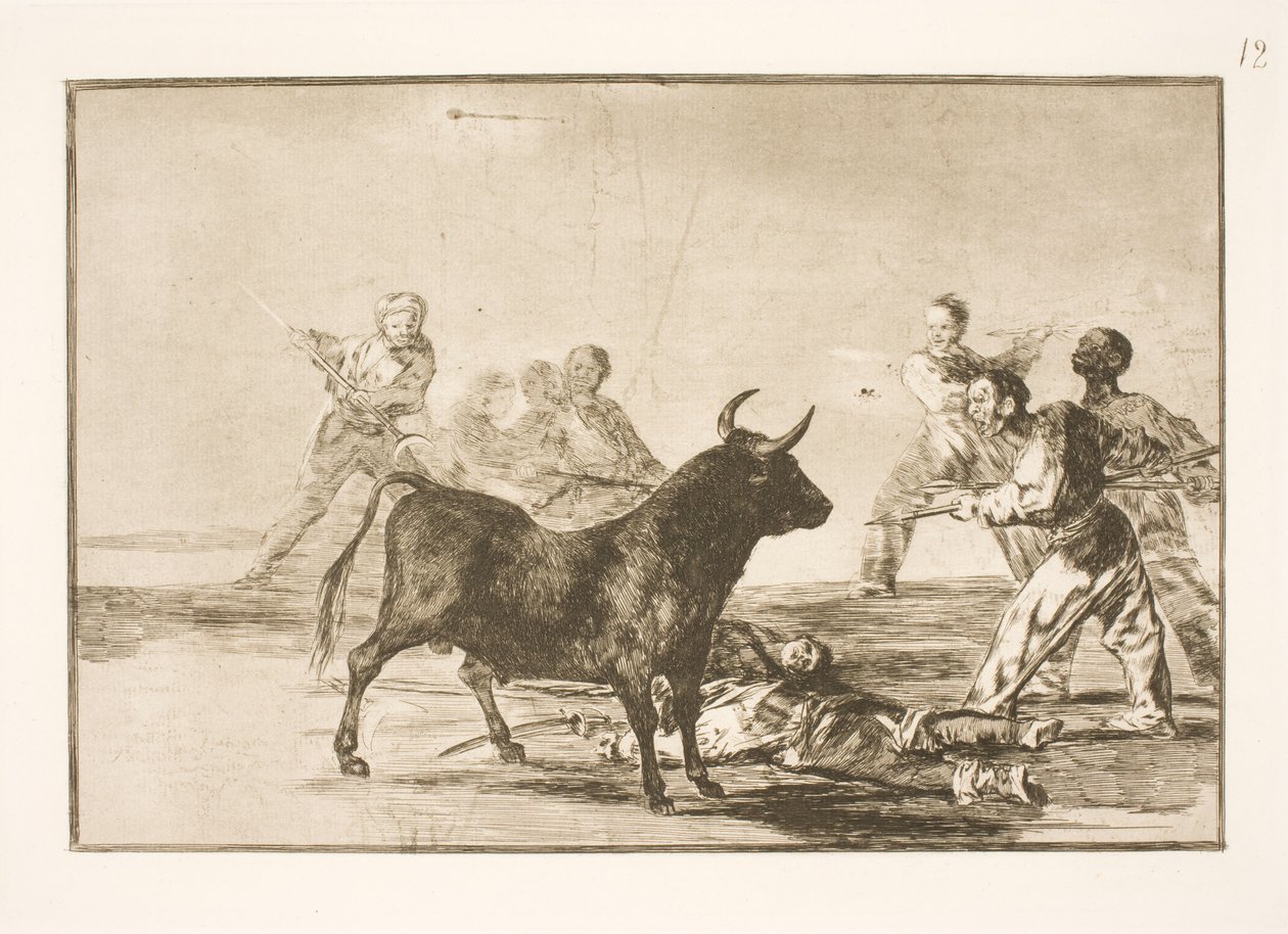 Folket stækker tyren med lanser, segl, banderillaer og andre våben af Francisco de Goya