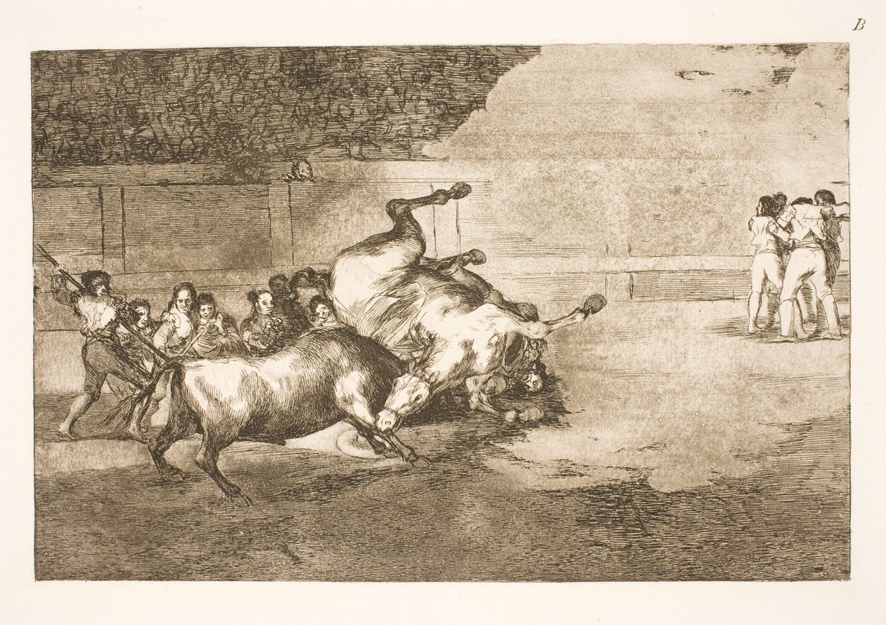Hest slynges til jorden af en tyr af Francisco de Goya