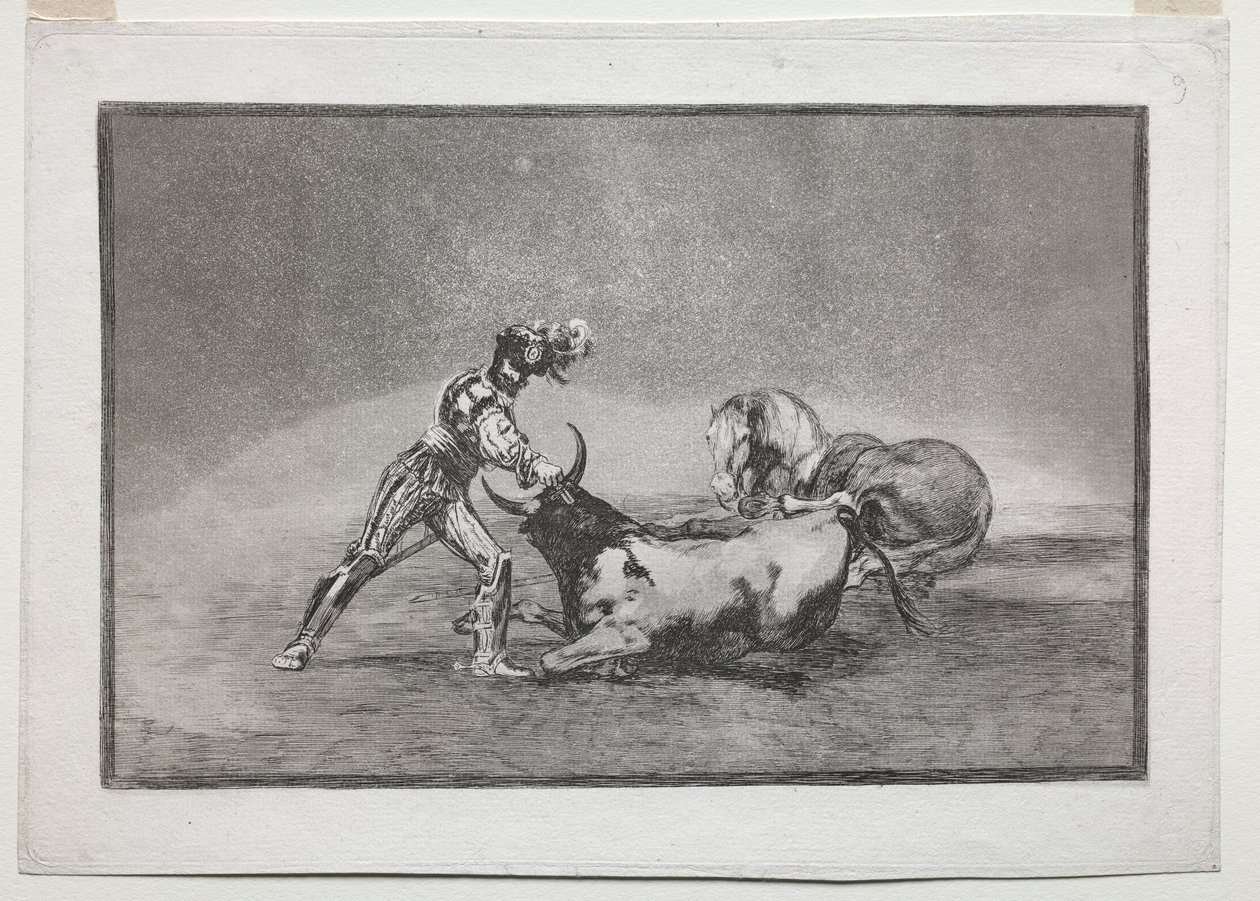 La Tauromaquia: En spansk ridder dræber tyren efter at have mistet sin hest af Francisco de Goya