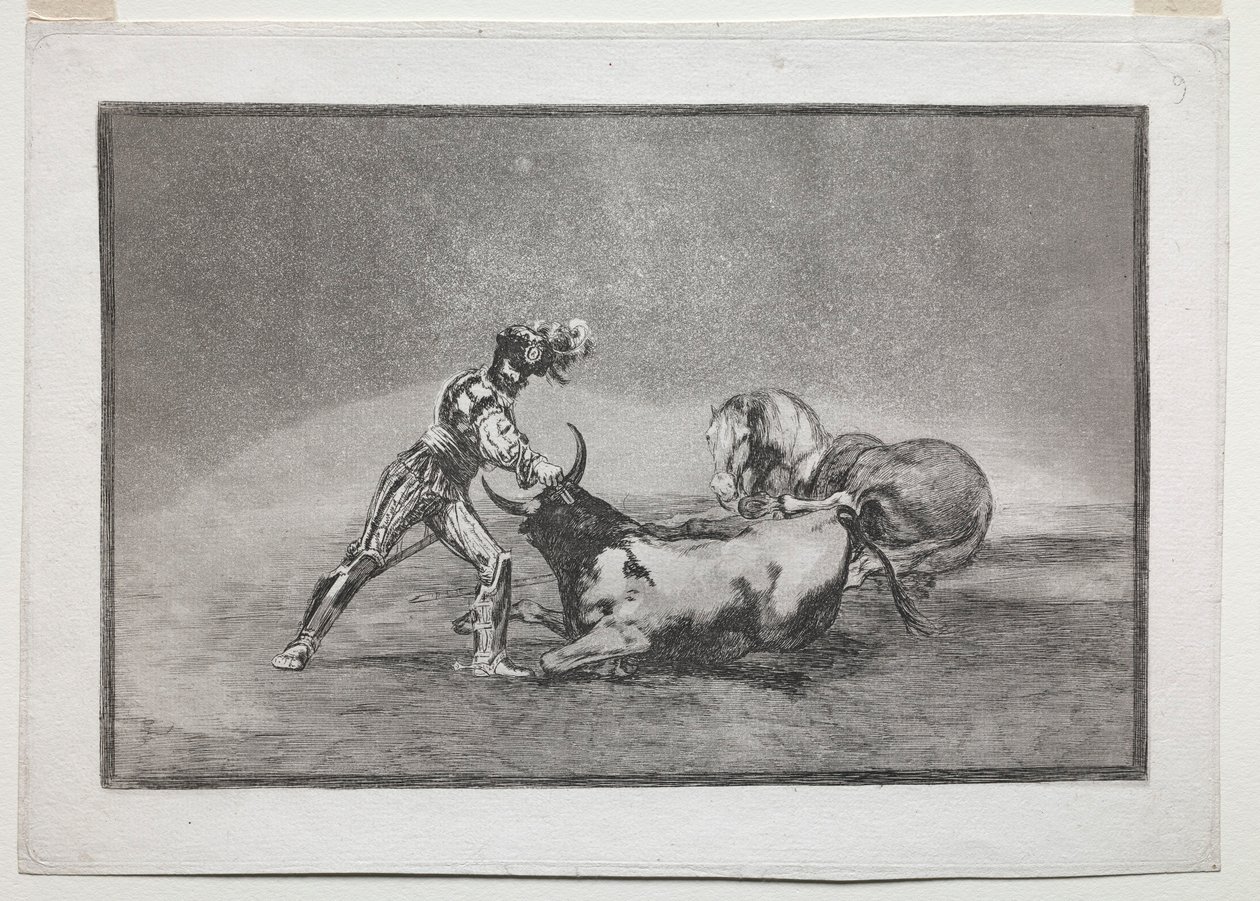 La Tauramaquia: En spansk ridder dræber tyren efter at have mistet sin hest, 1815-1816. af Francisco de Goya