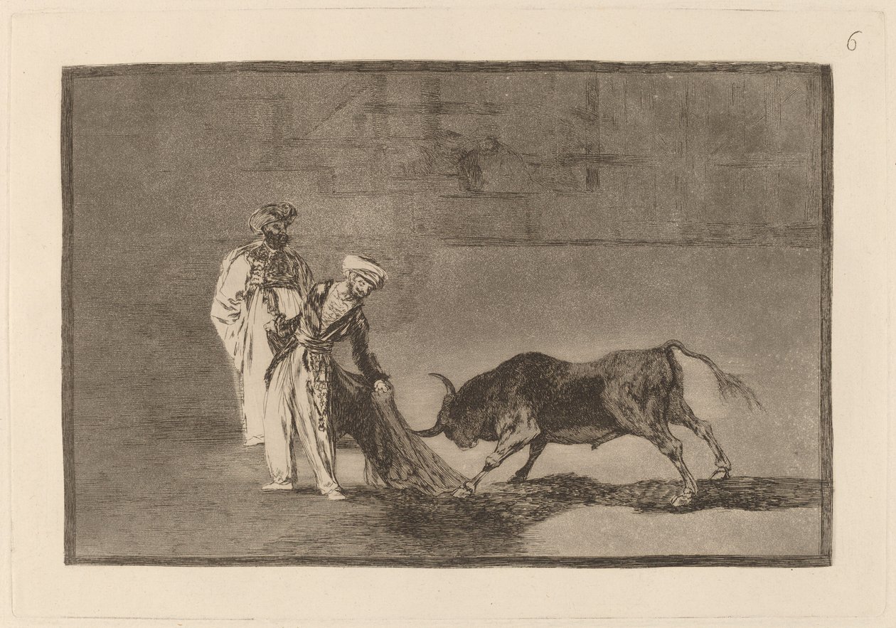 Los Moros hacen otro capeo en plaza con su albornoz (Maurerne laver en anderledes leg i ringen kalder tyren med deres brændende) af Francisco de Goya